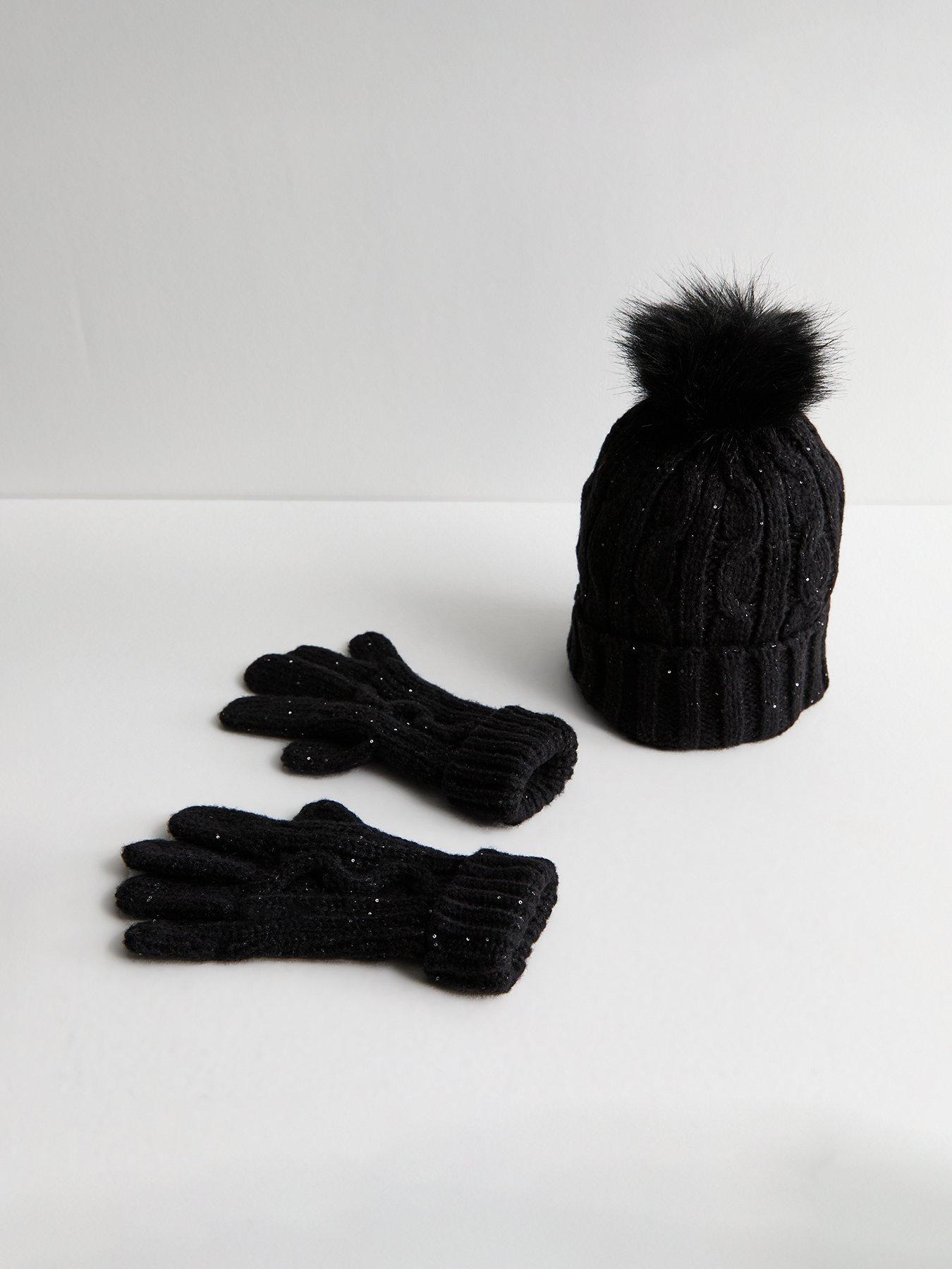 new-look-black-sequin-knit-bobble-hat-and-gloves-set