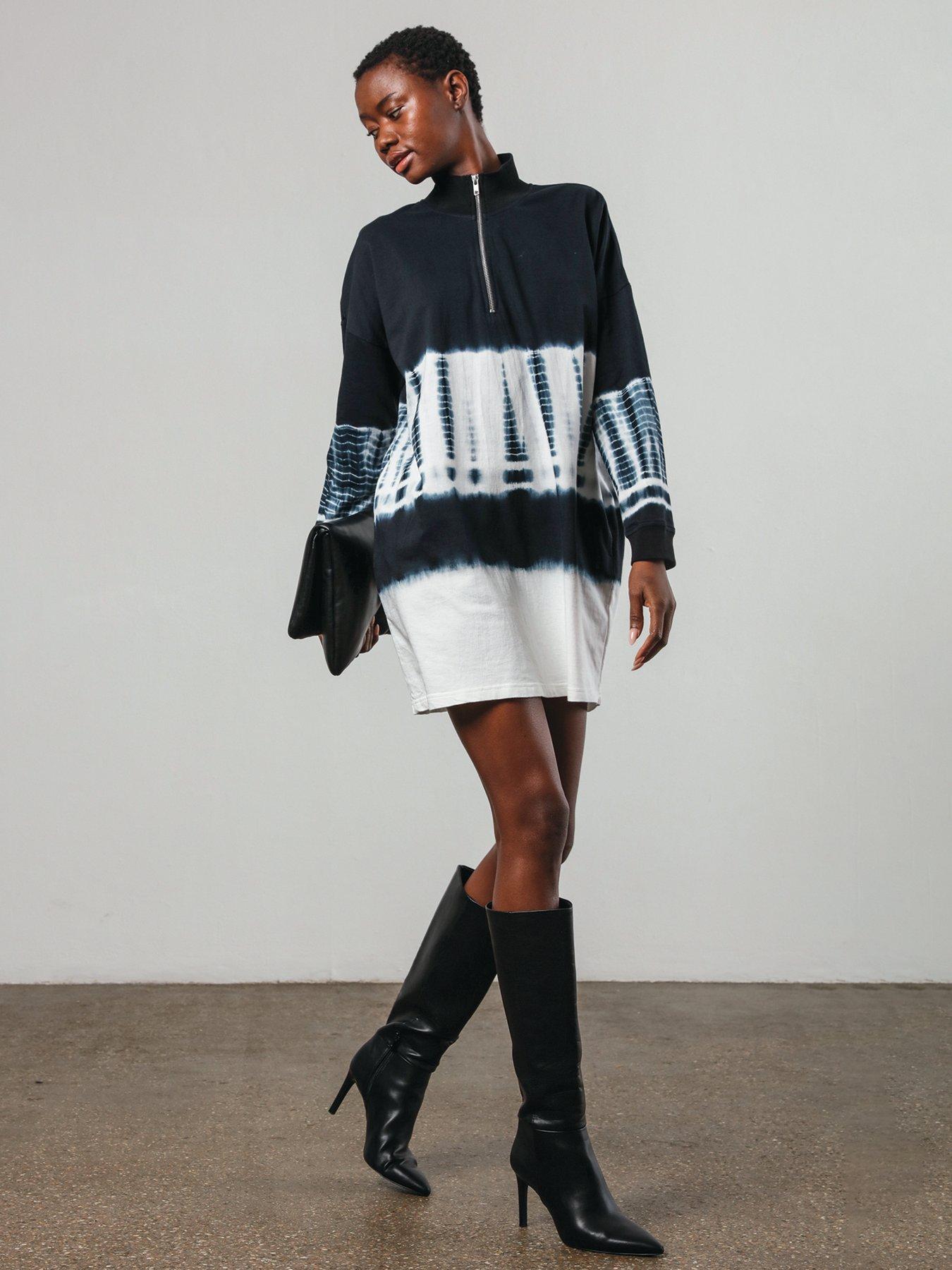 Religion Tie Dye Shade Tunic Dress With Zip Funnel Neck - White