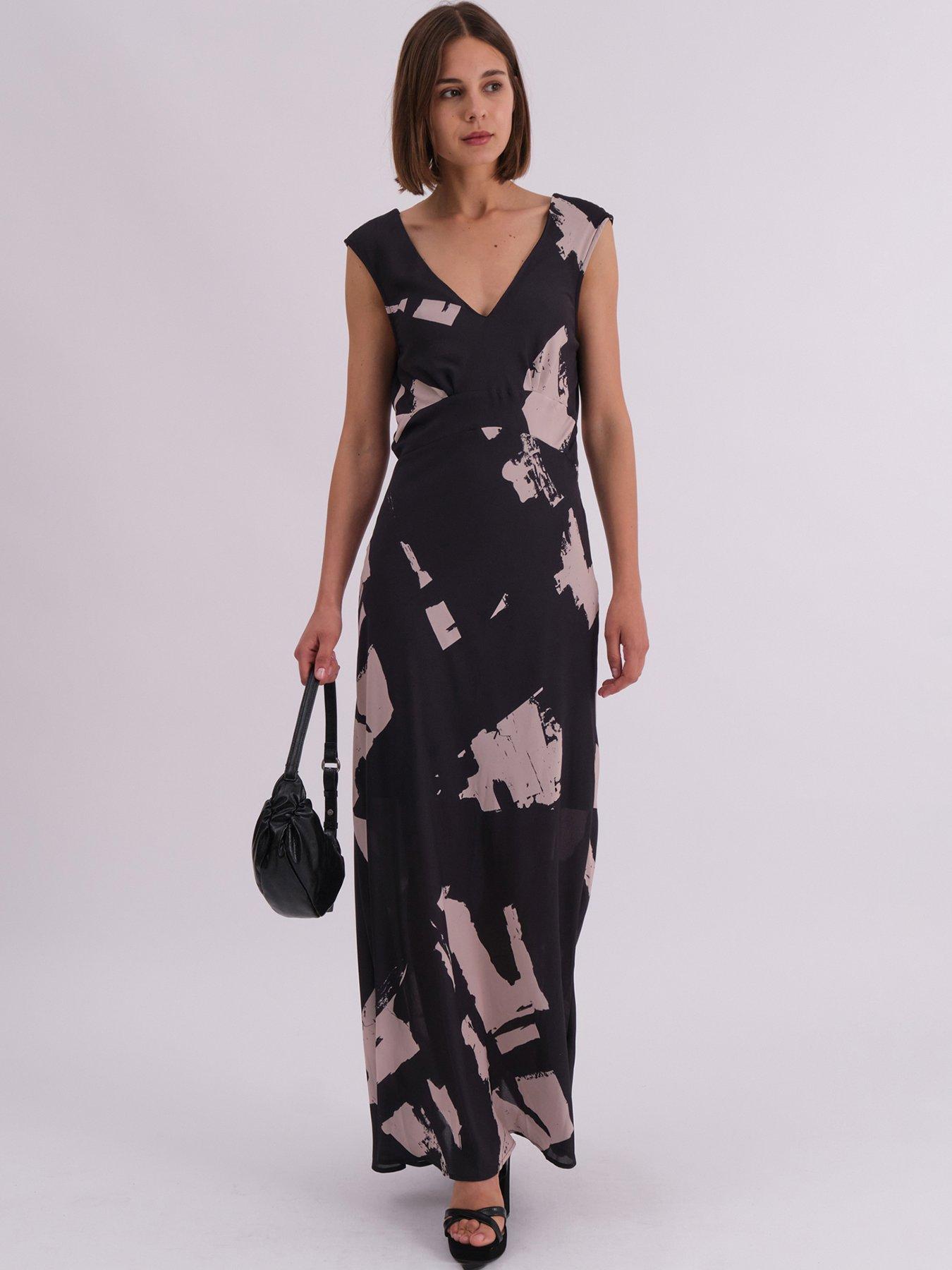 Religion Dawn Maxi Column Dress With Draped Back Detail In Hand-Painted Print - Black