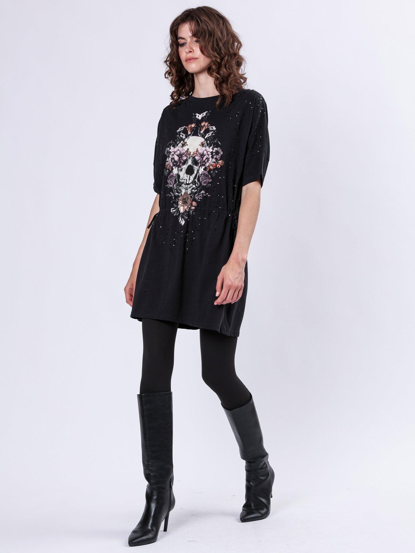 religion-oversized-skull-floral-graphic-tunic-dress-blackback