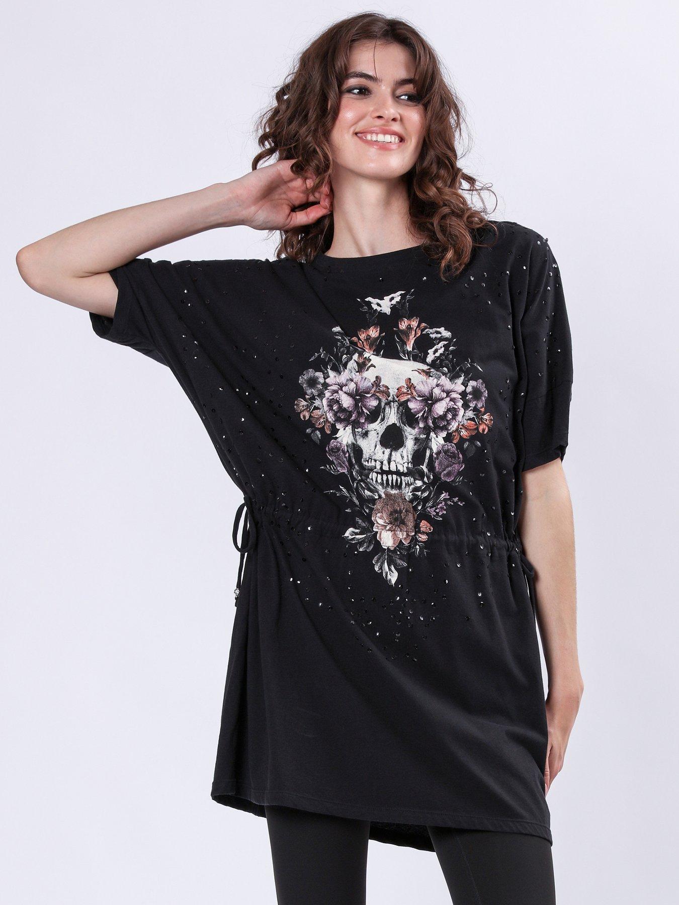 religion-oversized-skull-floral-graphic-tunic-dress-blackoutfit