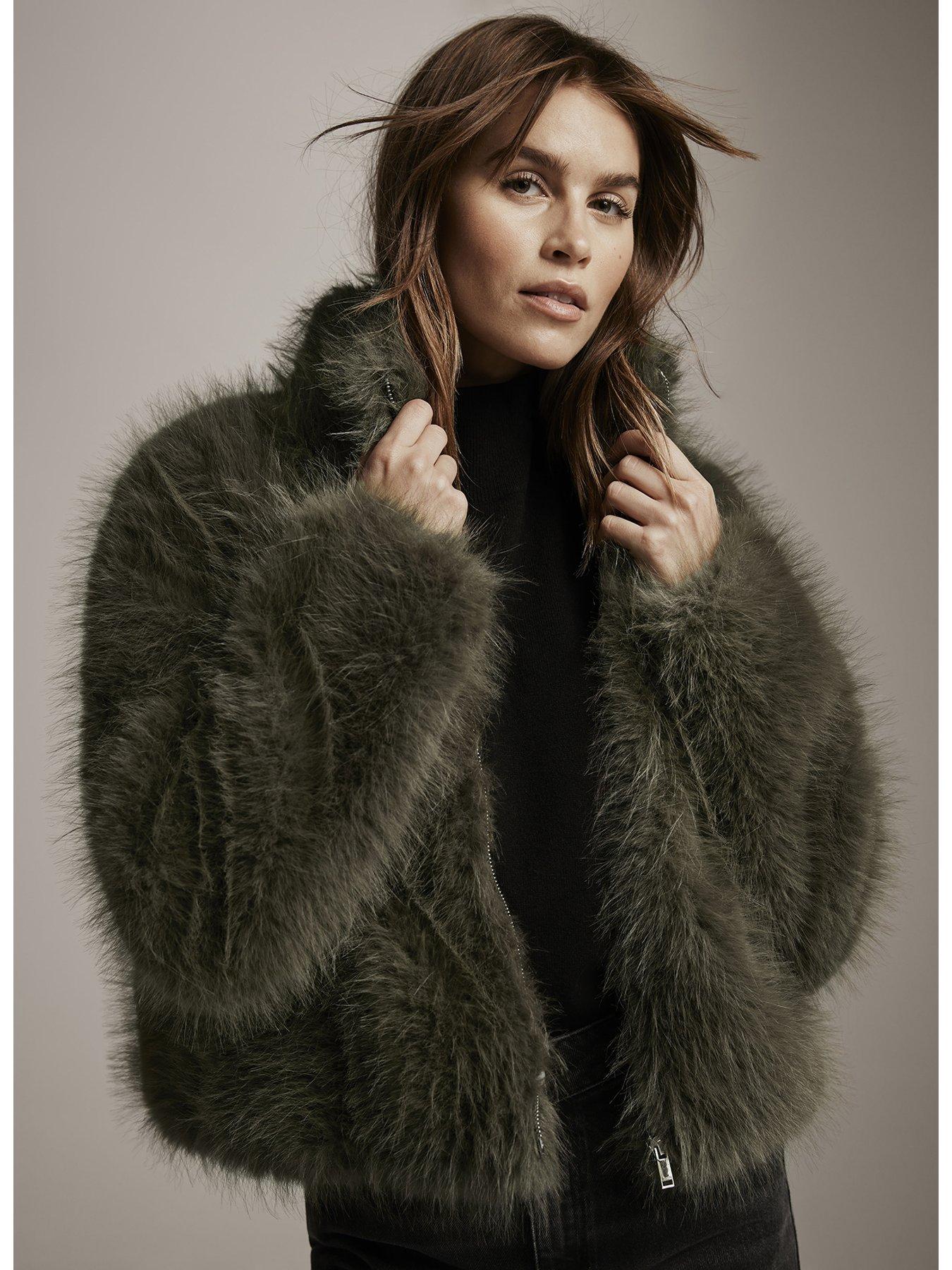 Mint Velvet Khaki Faux Fur Crop Jacket - Green | Very Ireland