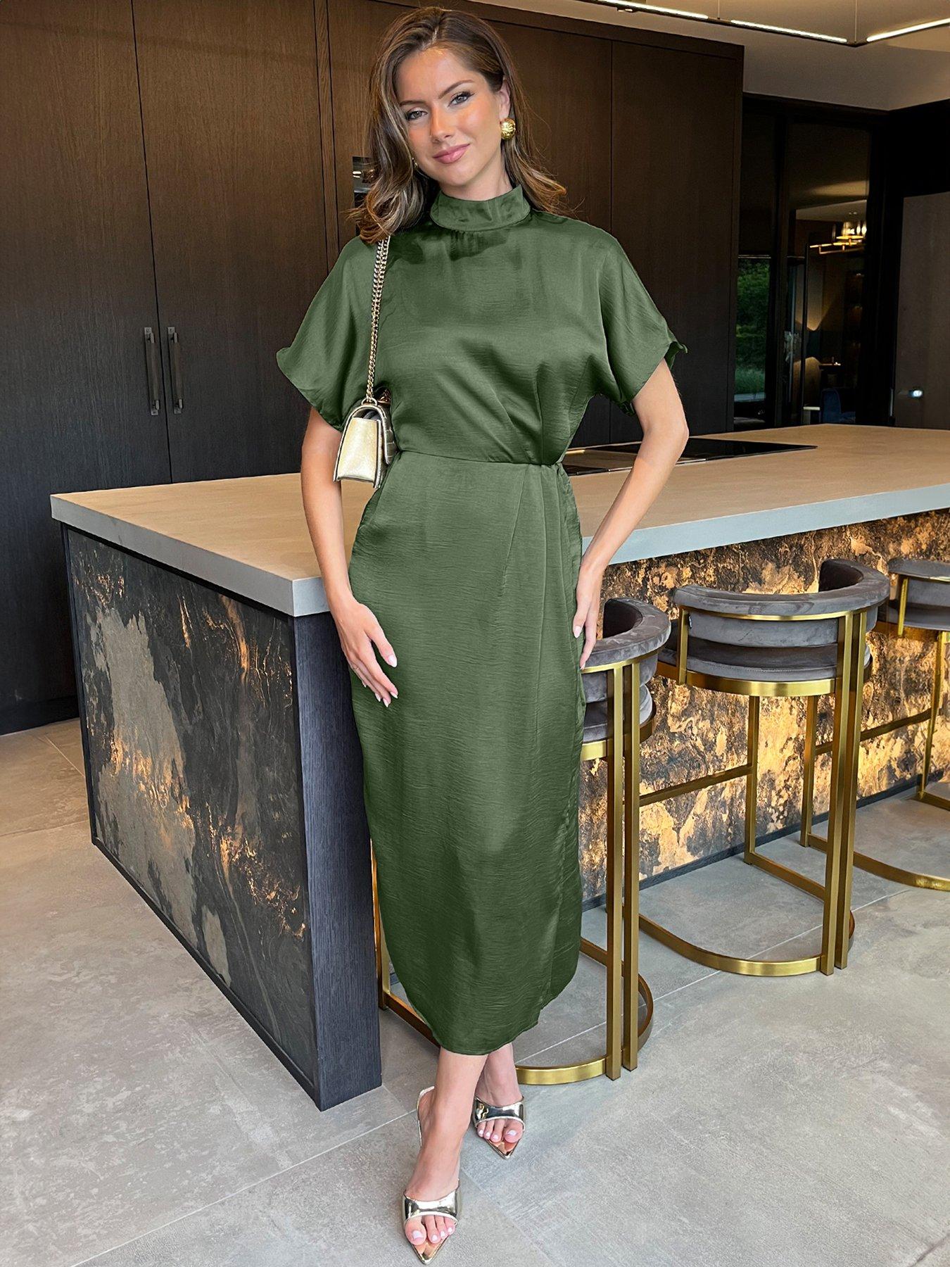 ax-paris-olive-satin-high-neck-wrap-skirt-midi-dress-green