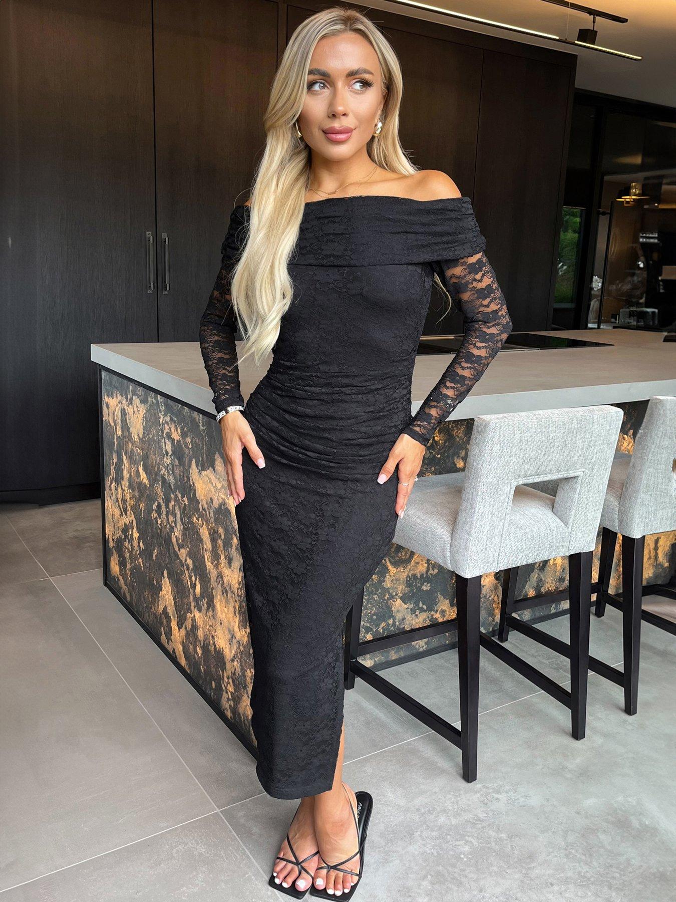 ax-paris-lace-bardot-fold-over-top-long-sleeve-ruched-bodycon-midi-dress-black