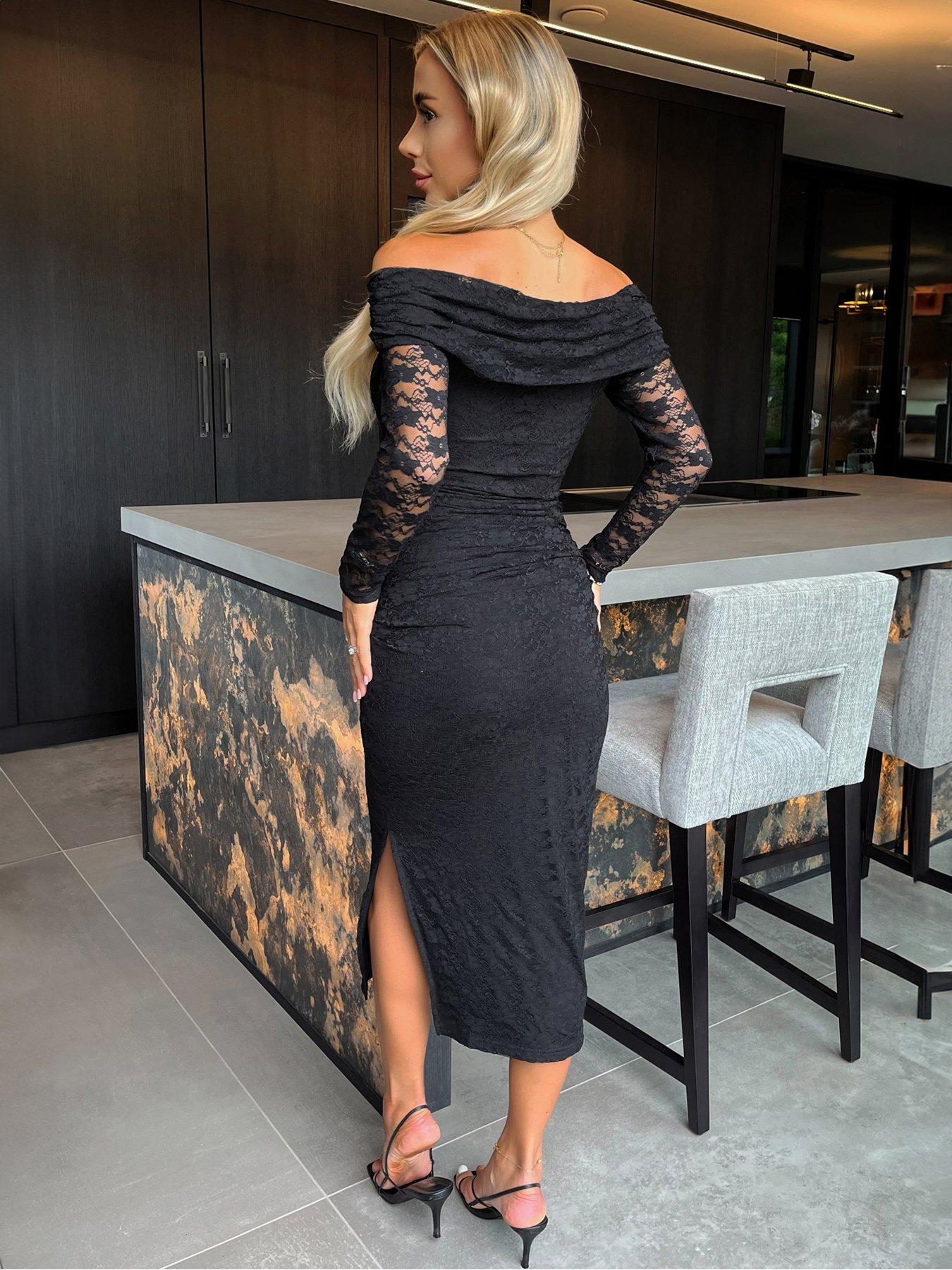 ax-paris-lace-bardot-fold-over-top-long-sleeve-ruched-bodycon-midi-dress-blackstillFront