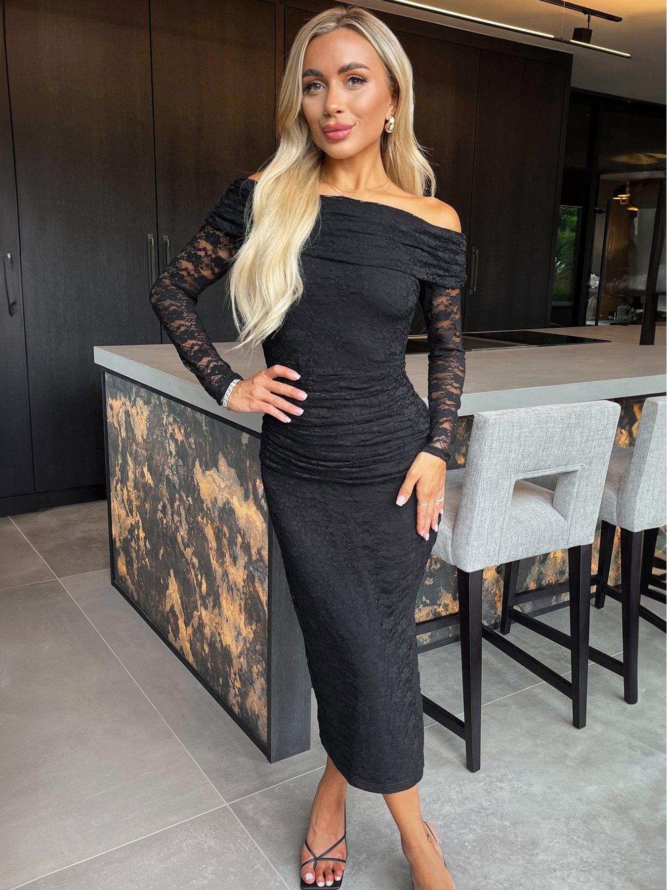 ax-paris-lace-bardot-fold-over-top-long-sleeve-ruched-bodycon-midi-dress-blackback