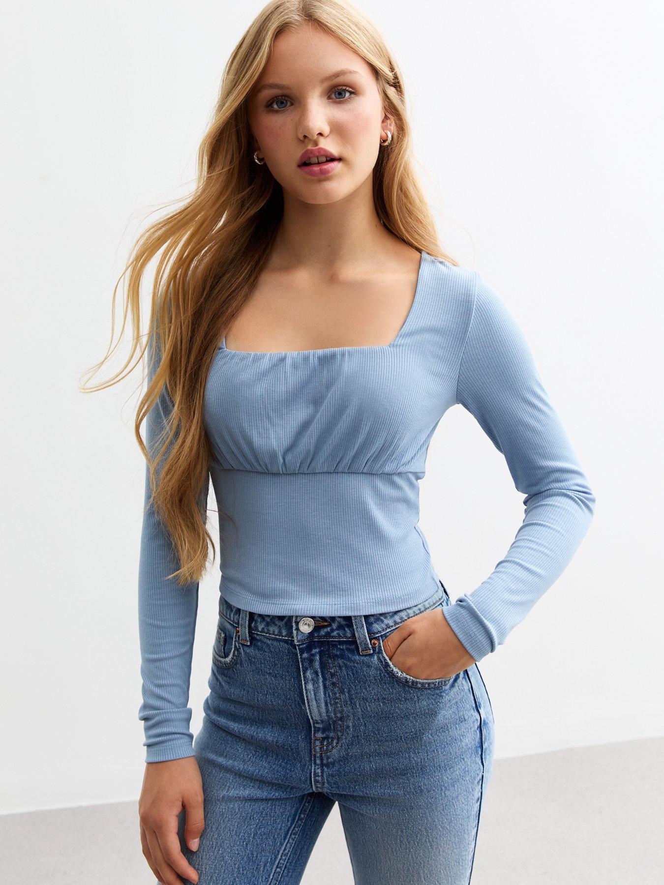 new-look-915-girls-blue-ruched-front-ribbed-jersey-top