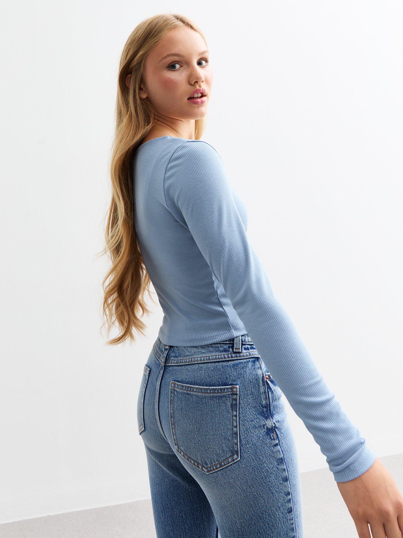 new-look-915-girls-blue-ruched-front-ribbed-jersey-topstillFront