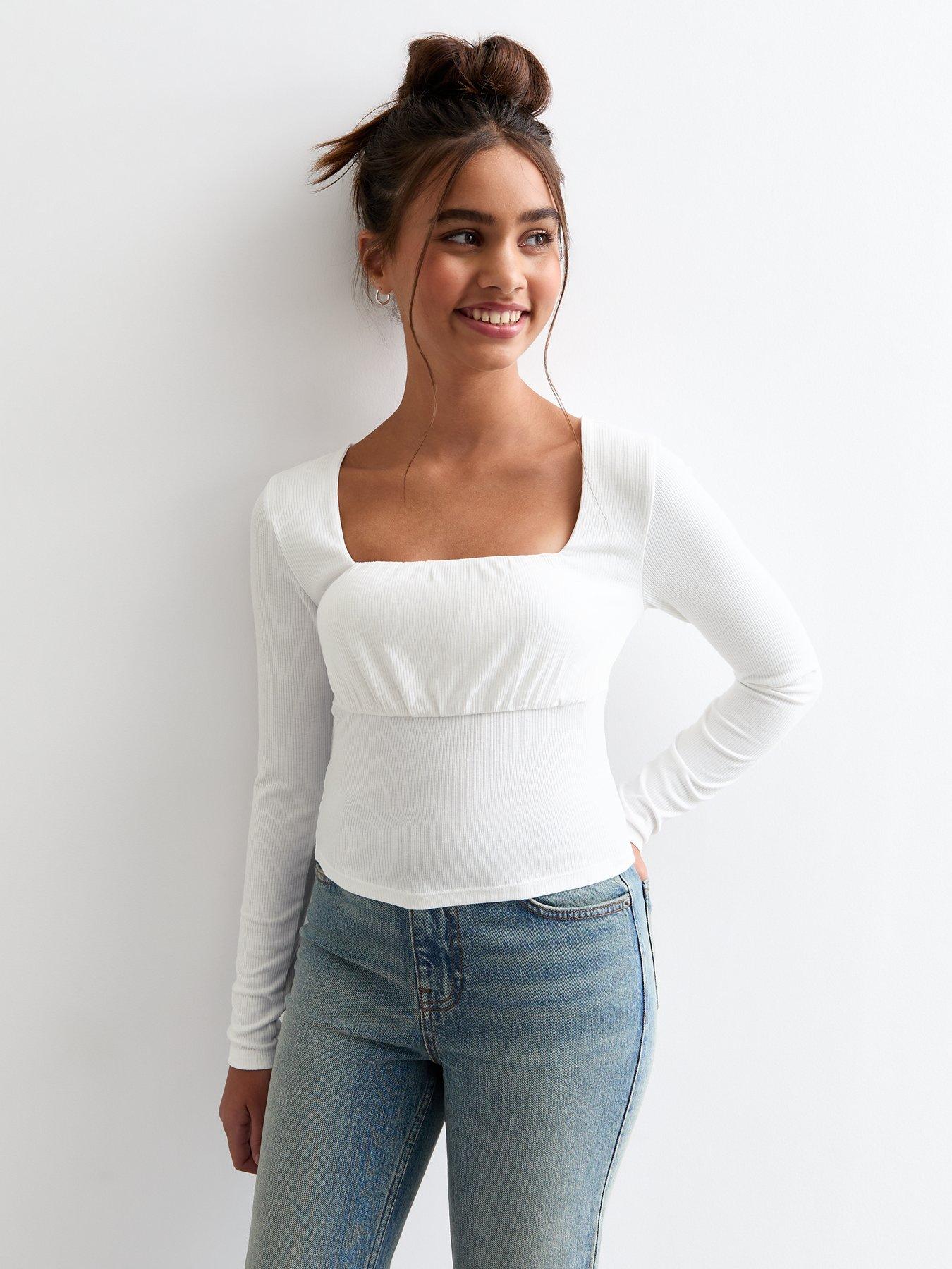 new-look-915-girls-white-ruched-front-ribbed-jersey-top