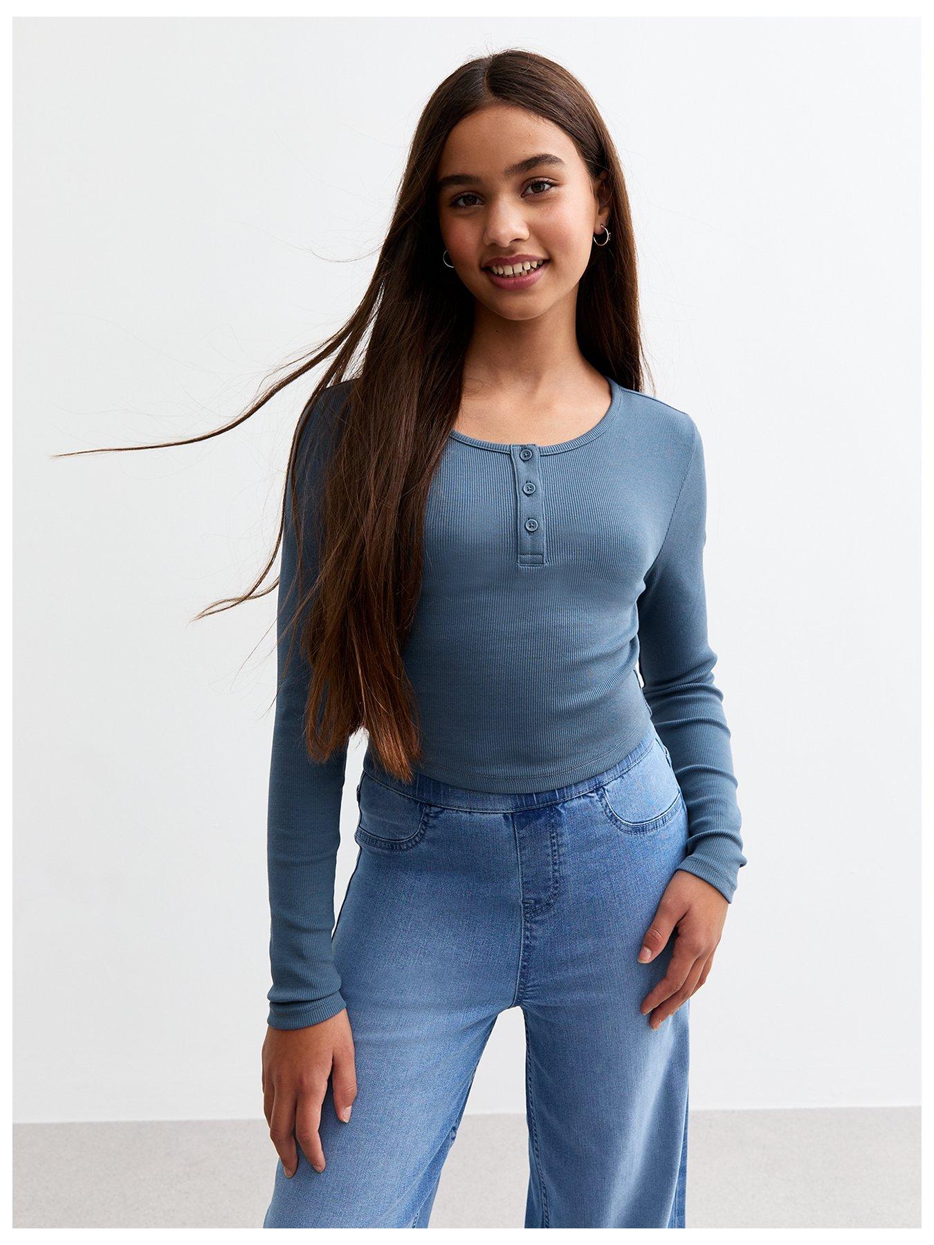 new-look-915-girls-blue-rib-buttoned-cropped-t-shirt