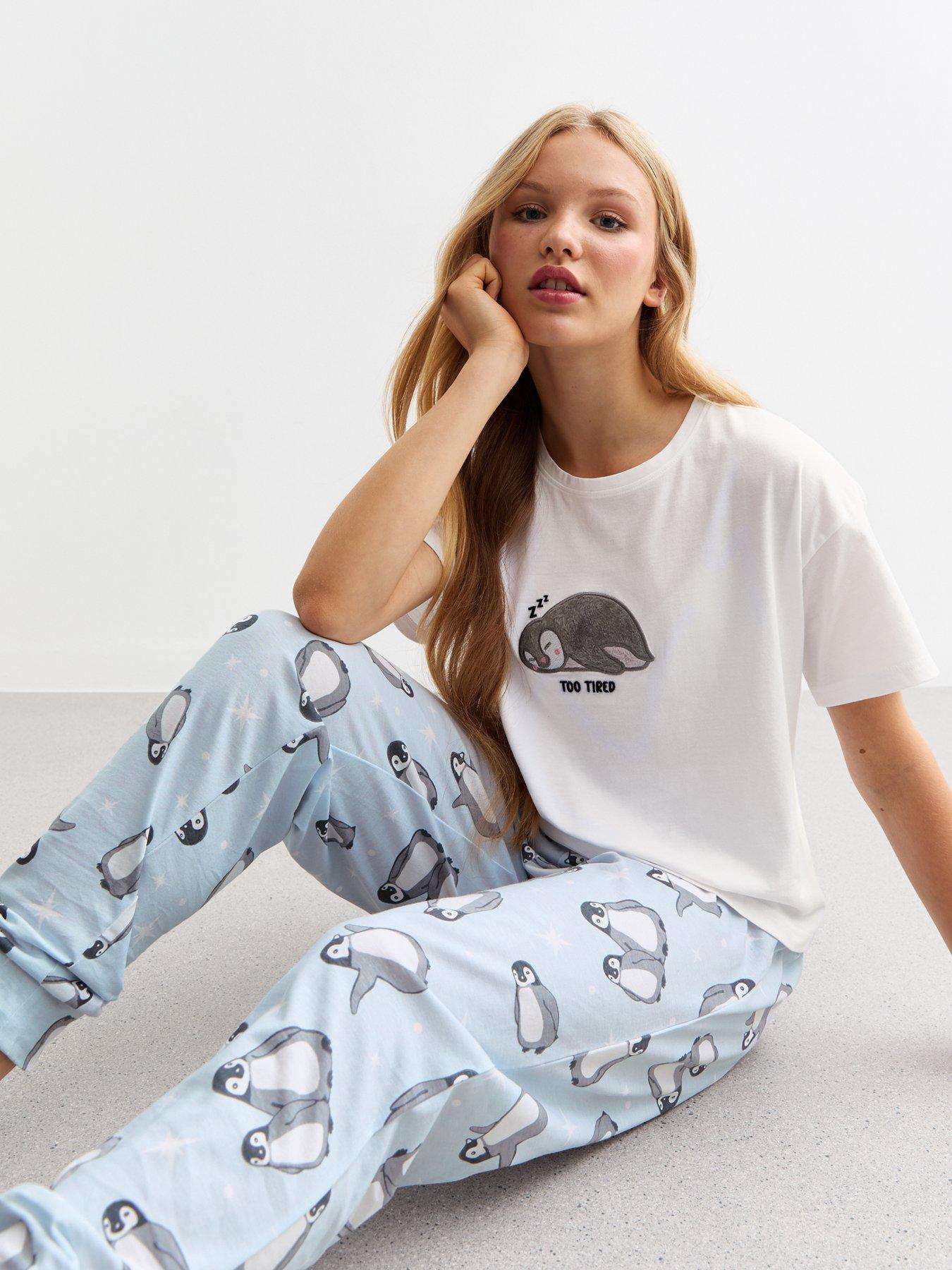 new-look-915-girls-white-penguin-print-jersey-pyjama-set