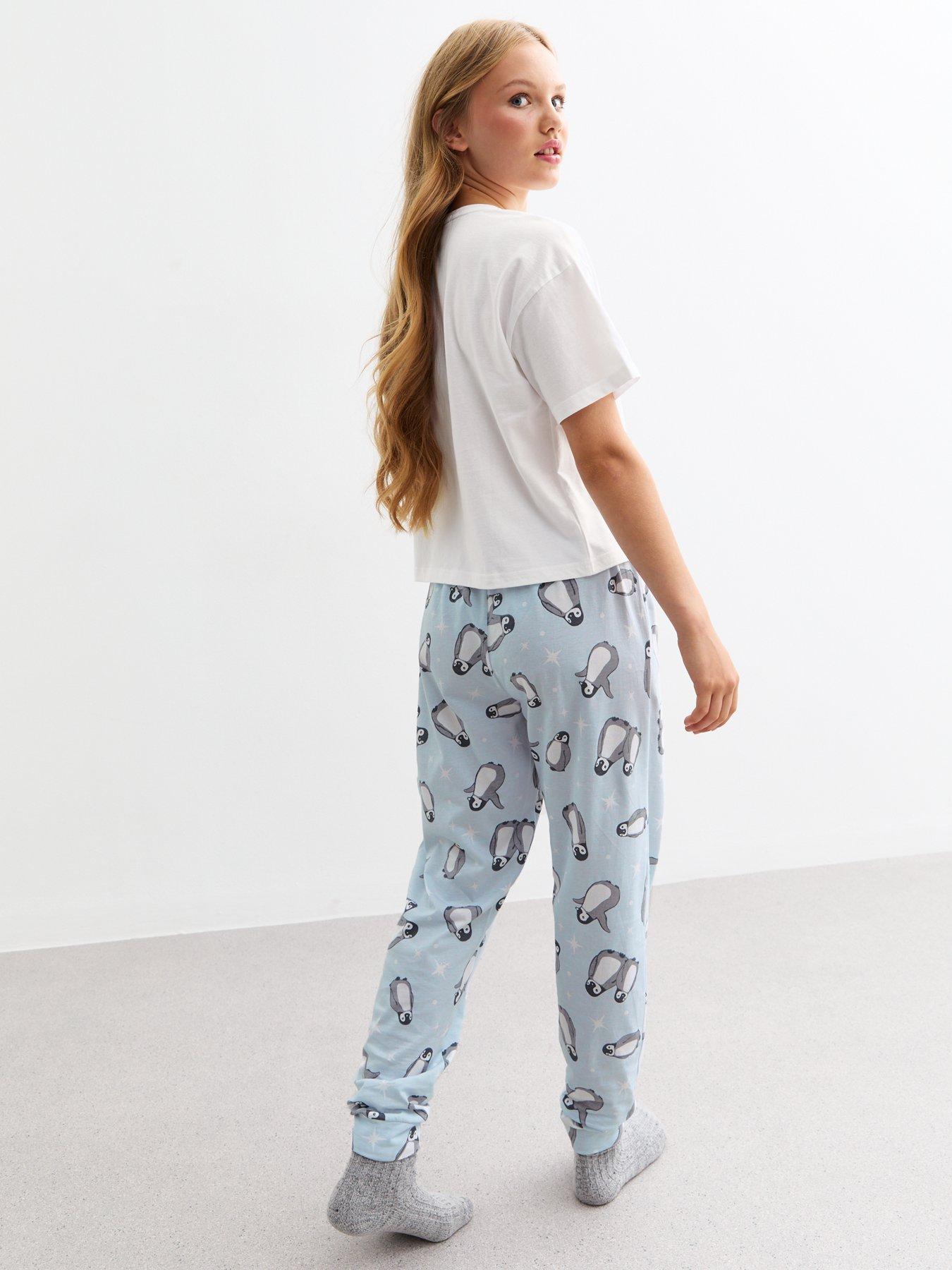 new-look-915-girls-white-penguin-print-jersey-pyjama-setstillFront