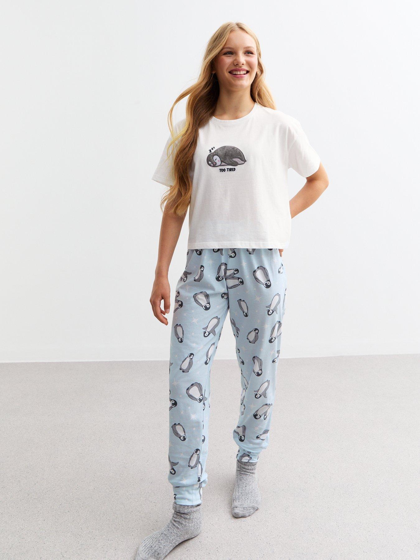 new-look-915-girls-white-penguin-print-jersey-pyjama-setback