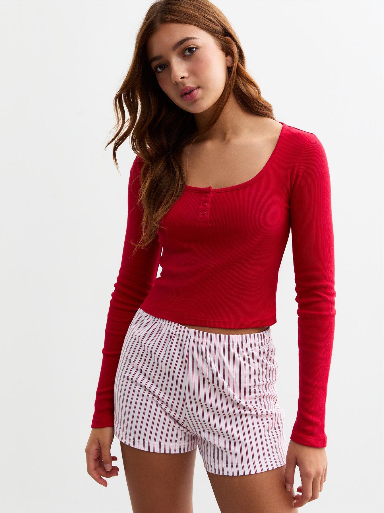 new-look-915-girls-red-top-and-striped-shorts-pyjamas