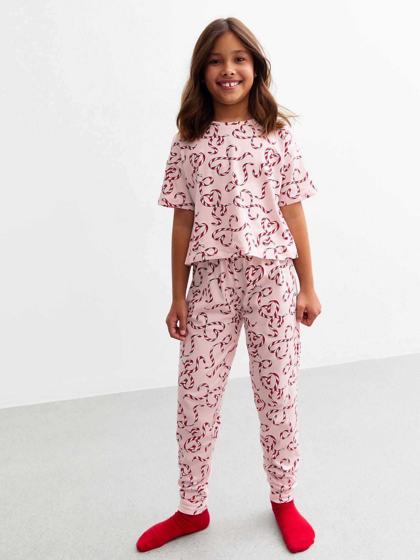 Image 3 of 6 of New Look 915 Girls Pink Christmas Candy Cane Heart Print Jersey Pyjama Set