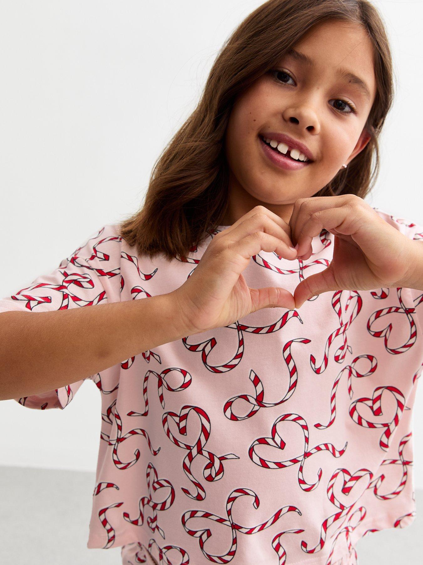 Image 6 of 6 of New Look 915 Girls Pink Christmas Candy Cane Heart Print Jersey Pyjama Set