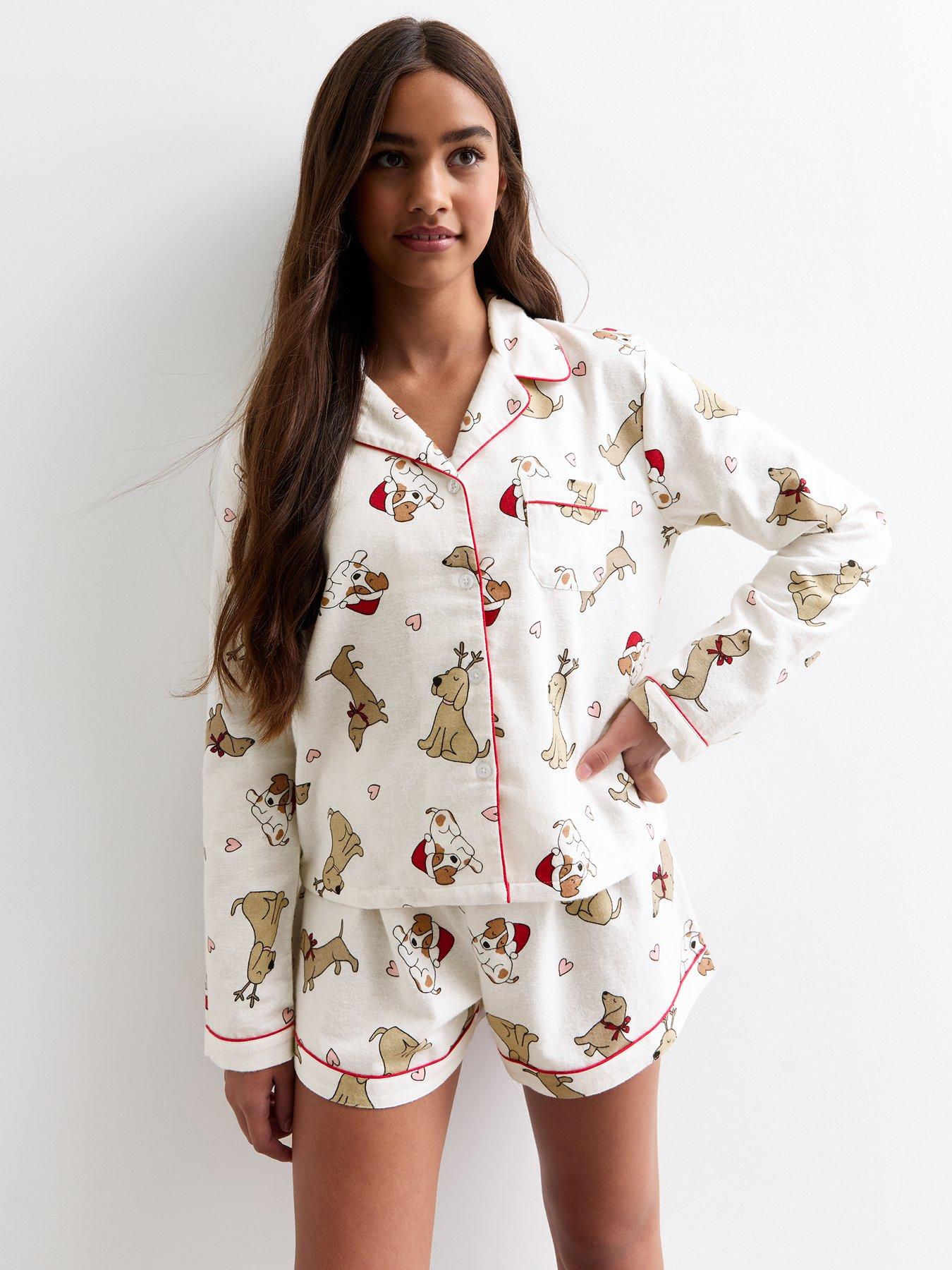 new-look-915-girls-white-christmas-dogs-short-pyjama-set