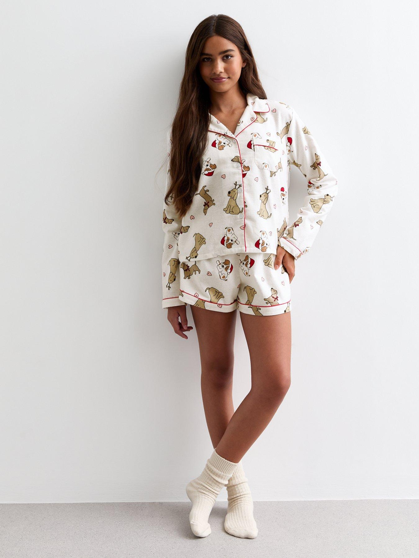 new-look-915-girls-white-christmas-dogs-short-pyjama-setback