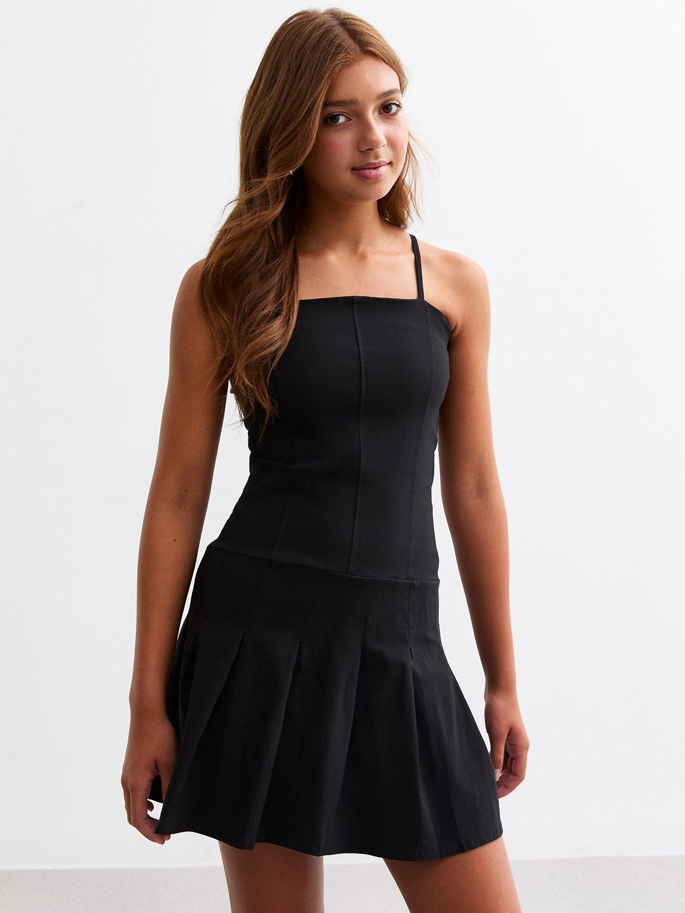 new-look-915-girls-black-strappy-pleated-dress