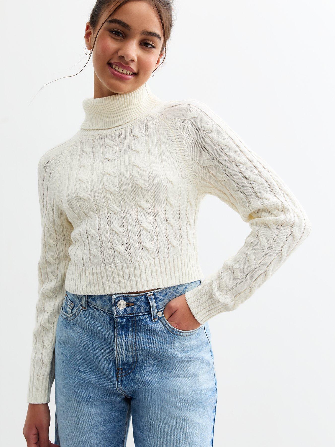 new-look-915-girls-off-white-fitted-cable-knit-roll-neck-jumper