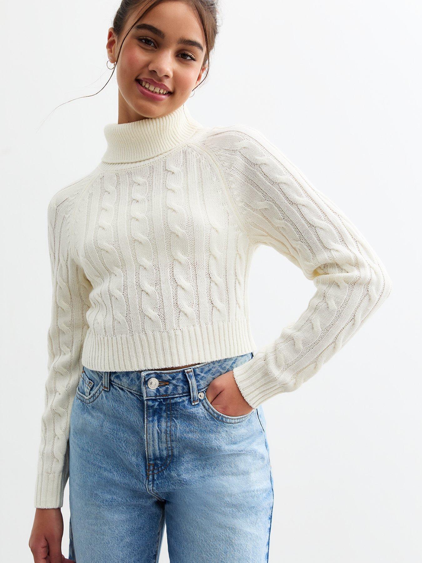 undefined Girls Off White Fitted Cable Knit Roll Neck Jumper