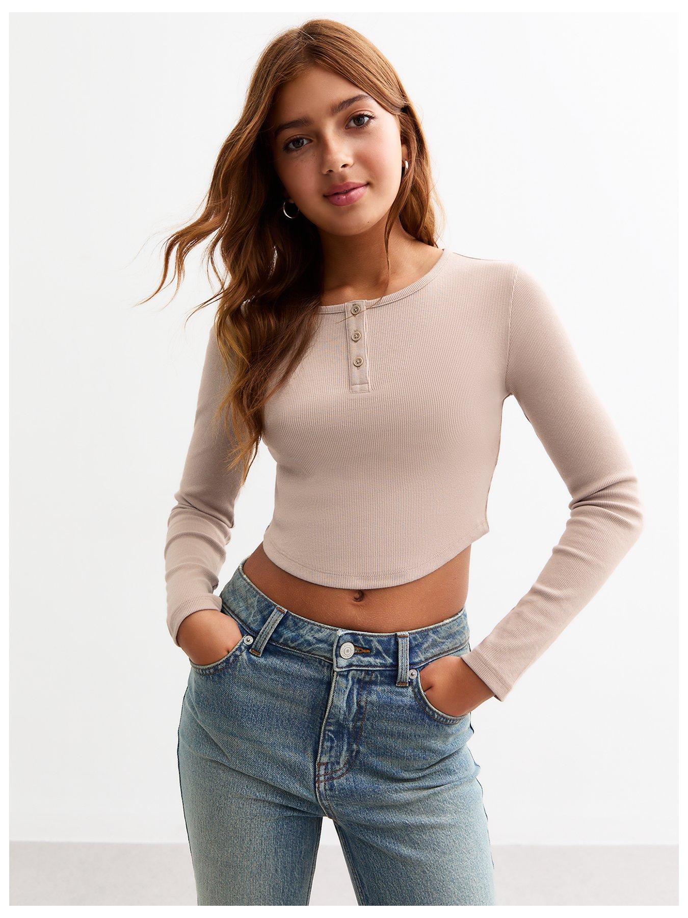 new-look-915-girls-camel-rib-buttoned-cropped-t-shirtfront