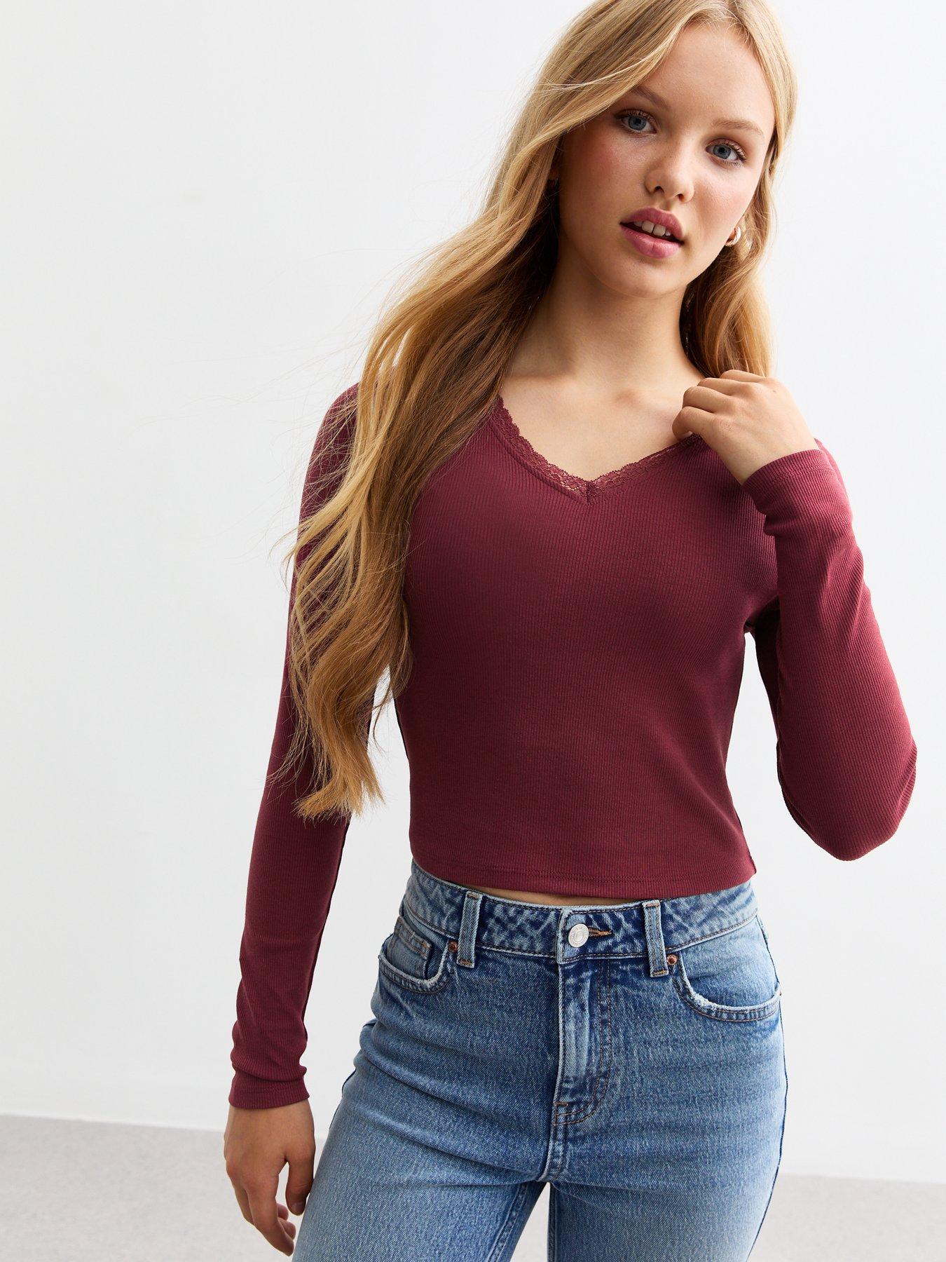 new-look-915-girls-burgundy-lace-trim-ribbed-jersey-top-red