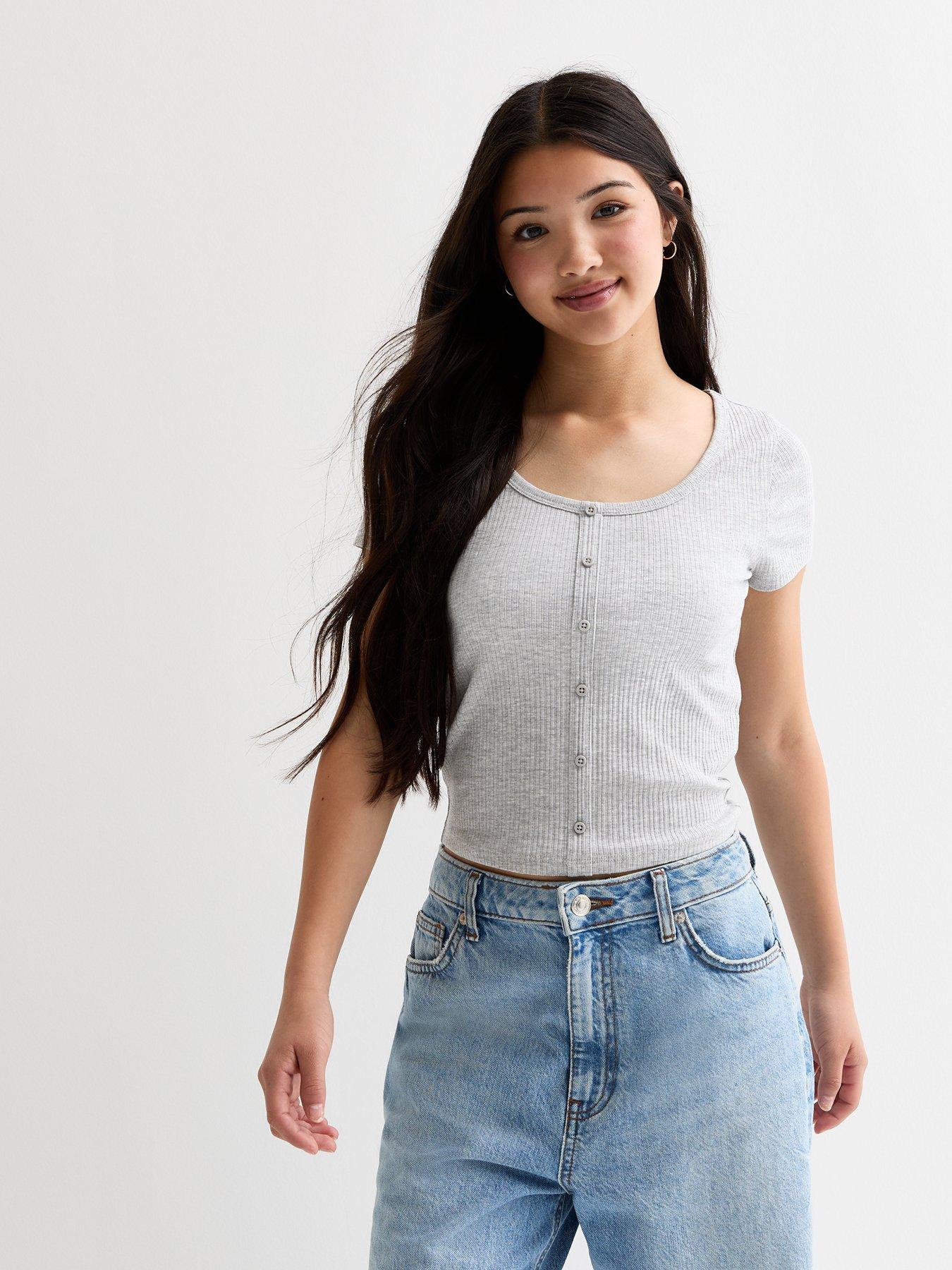 new-look-915-girls-grey-ribbed-scoop-neck-button-front-top