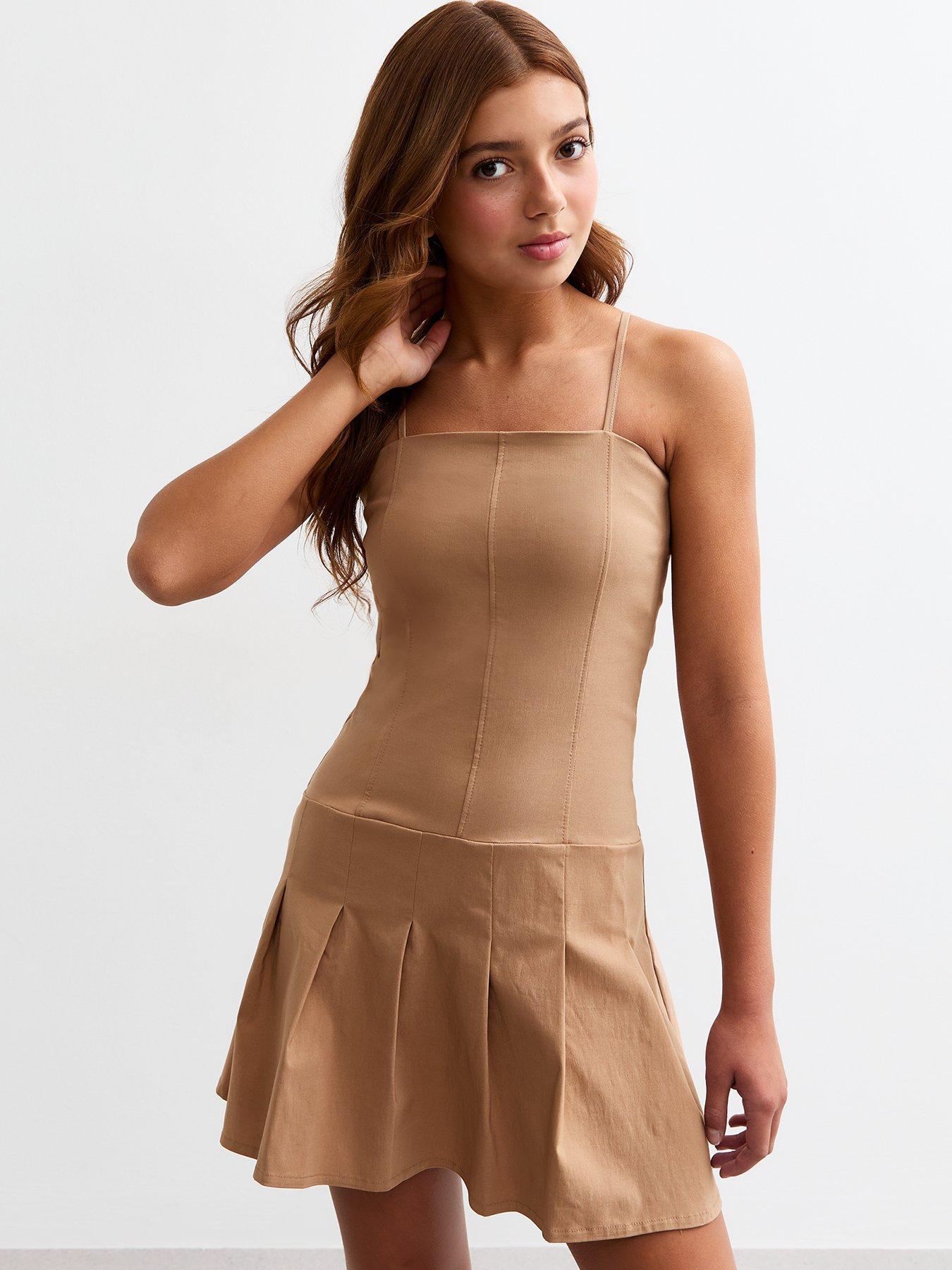 new-look-915-girls-camel-dropped-waist-pleated-dressfront