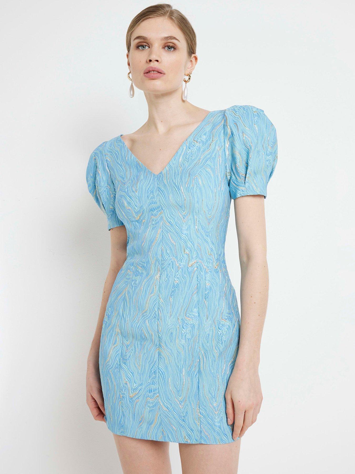 Image 1 of 6 of River Island V-Neck Mini Dress - Blue