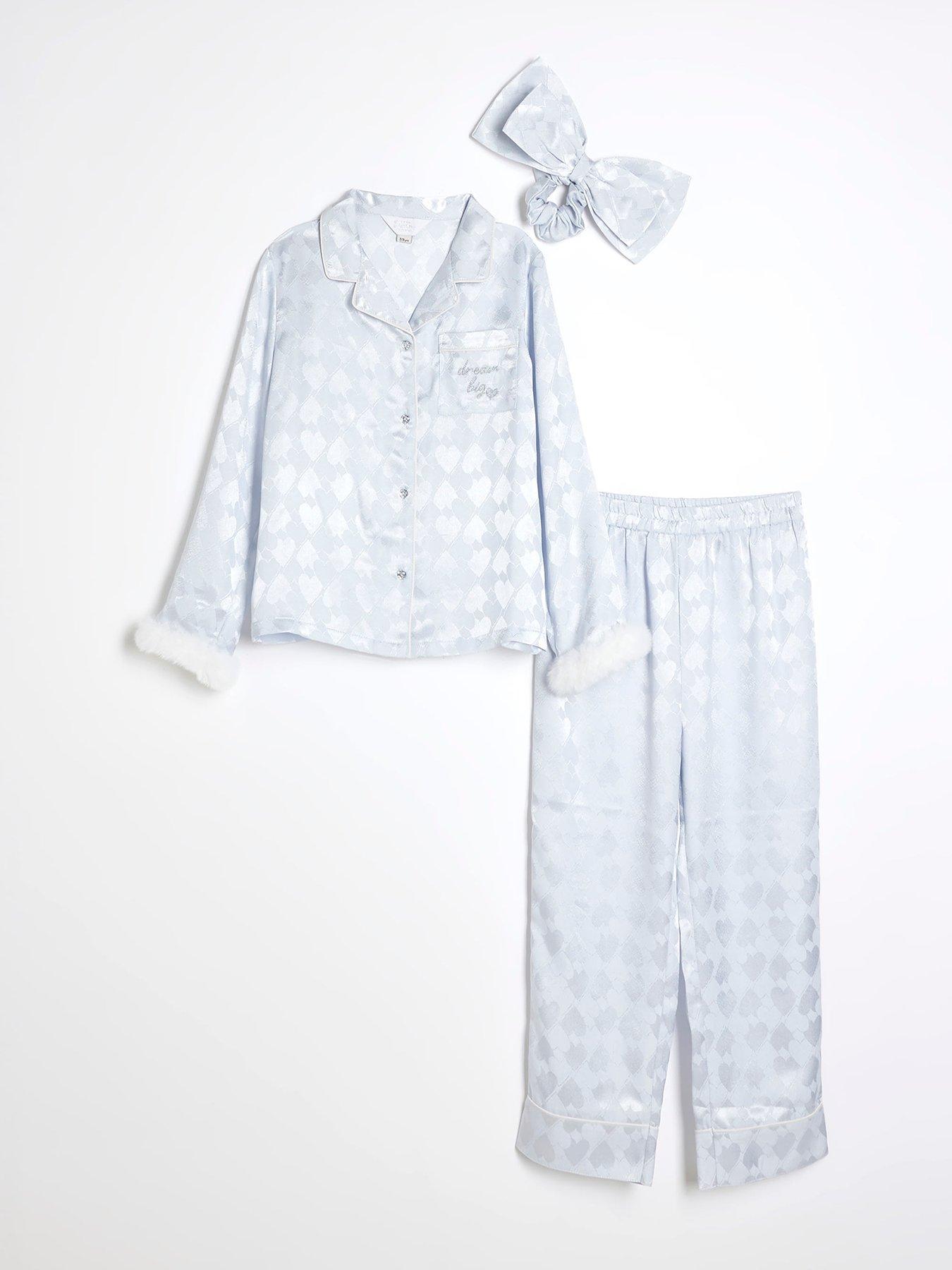 river-island-girls-satin-faux-fur-cuff-pyjamas-set-blue