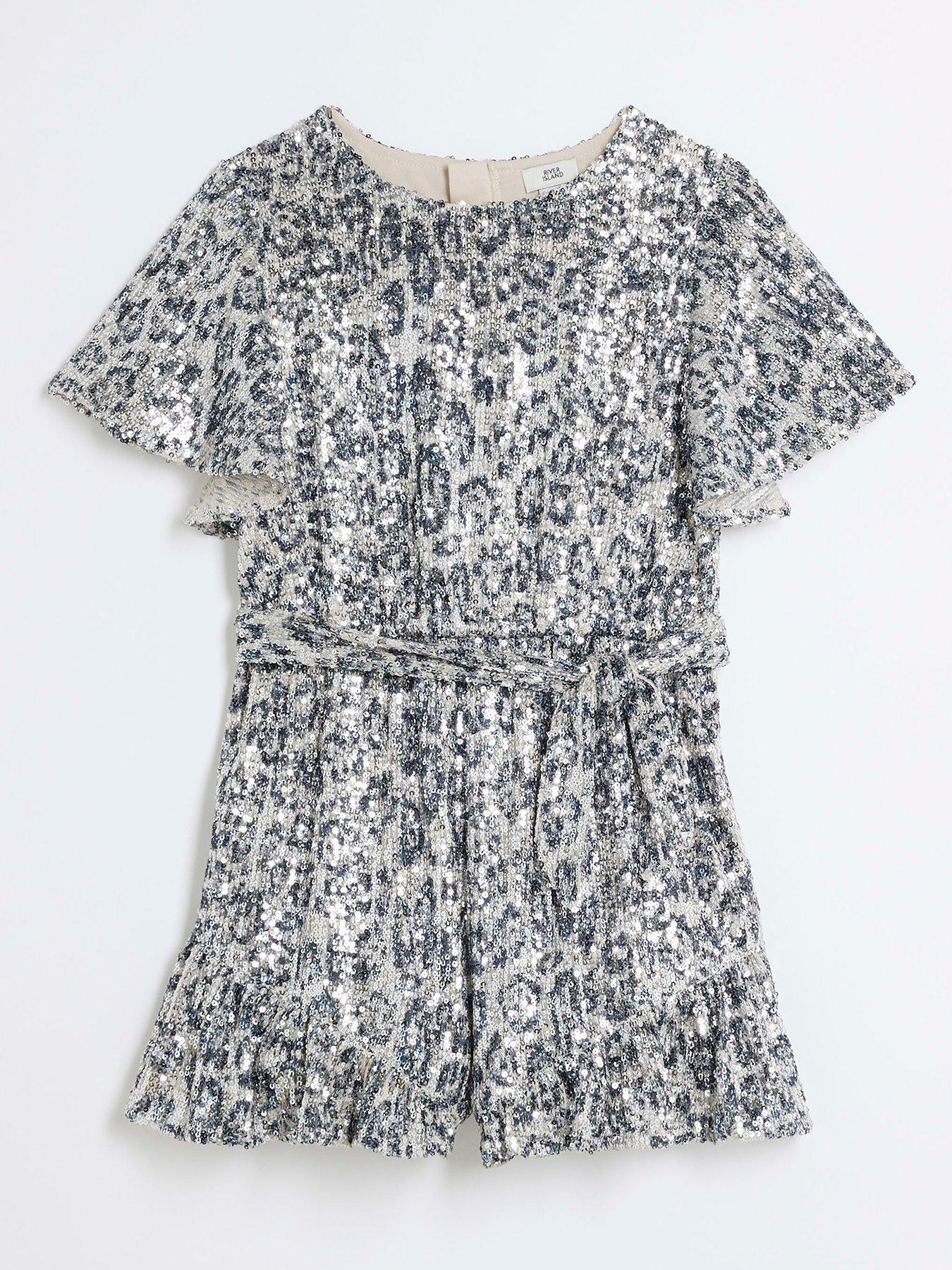 Image 1 of 4 of River Island Girls Sequin Animal Print Playsuit - Silver