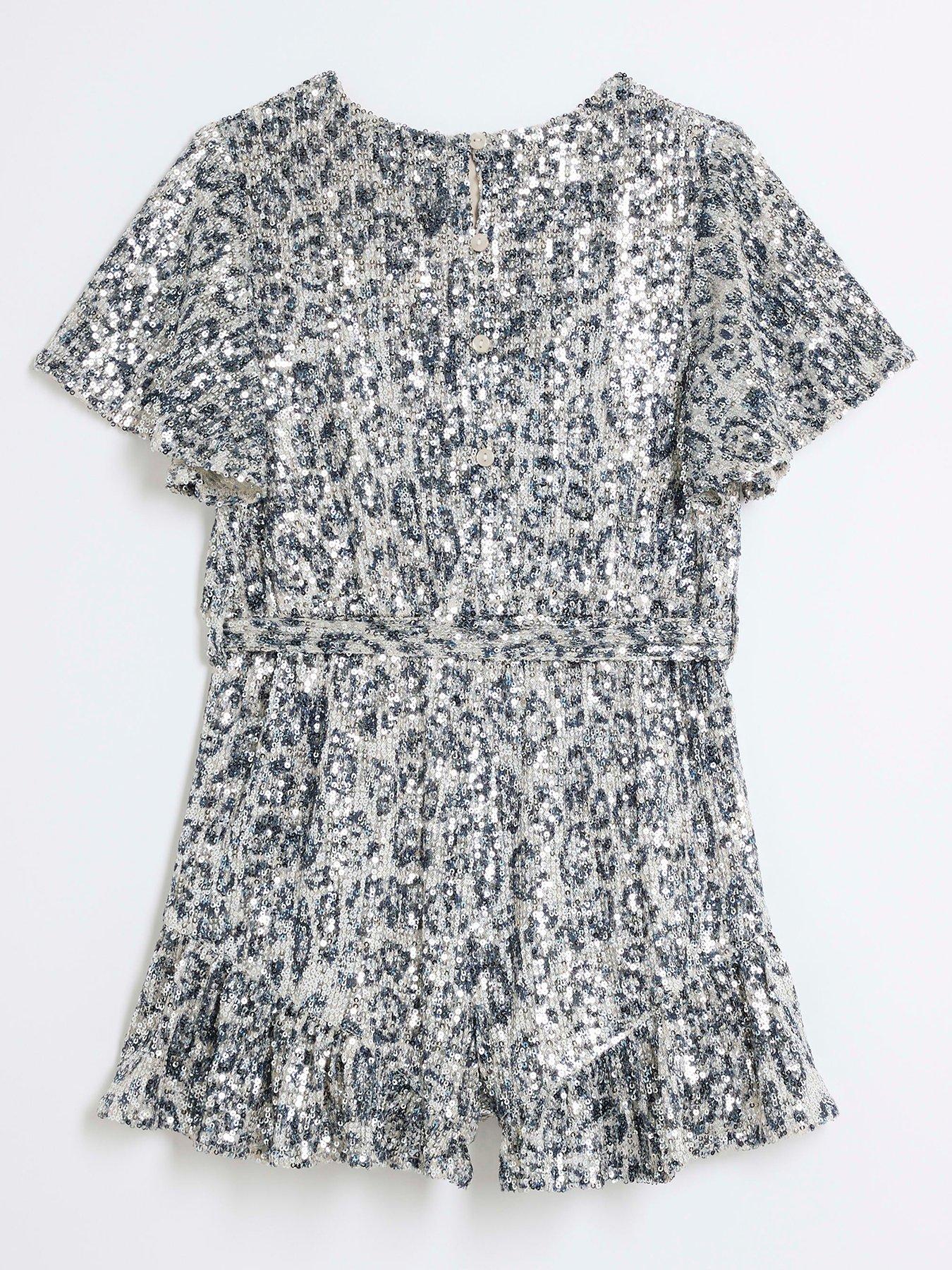 Image 2 of 4 of River Island Girls Sequin Animal Print Playsuit - Silver