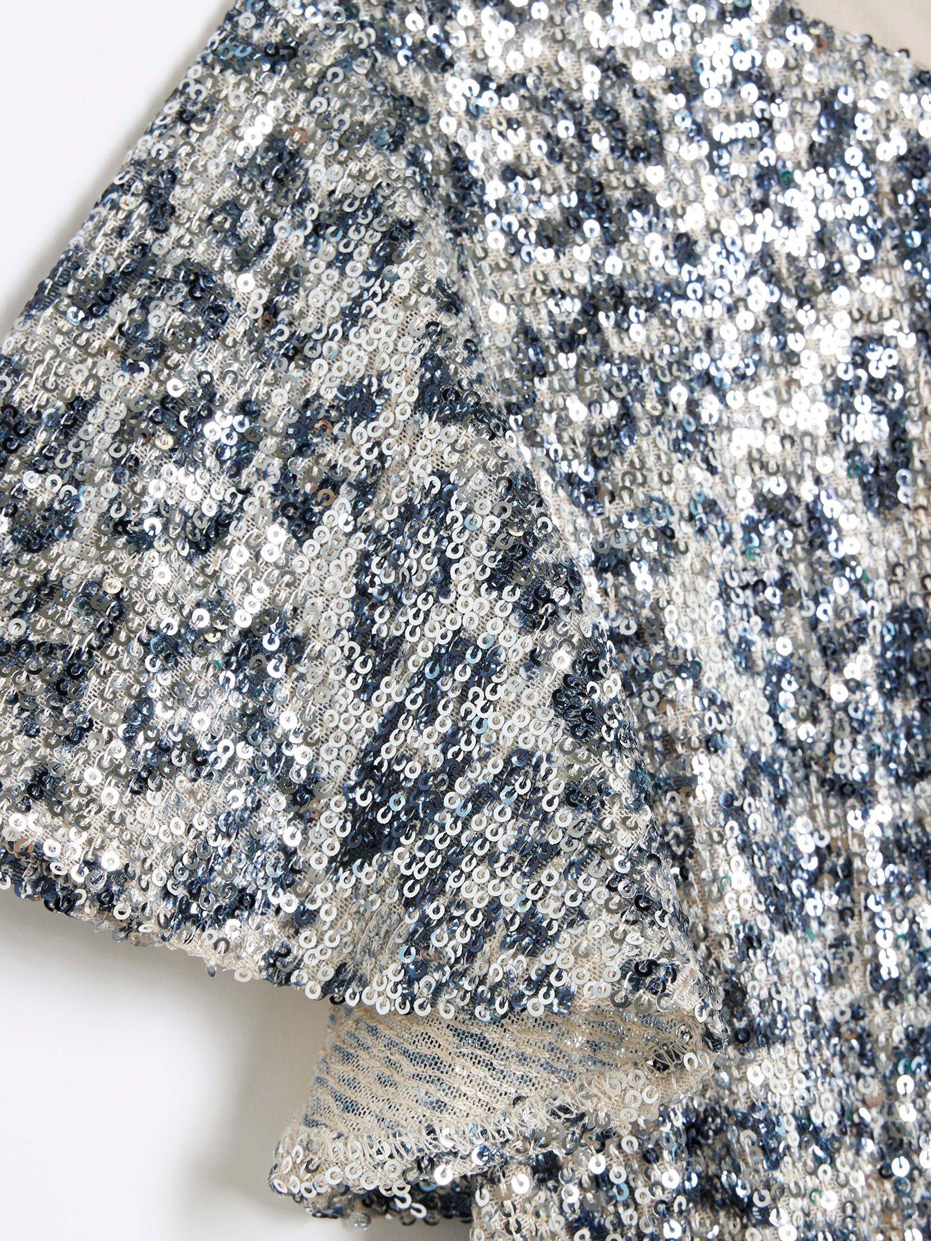 Image 3 of 4 of River Island Girls Sequin Animal Print Playsuit - Silver