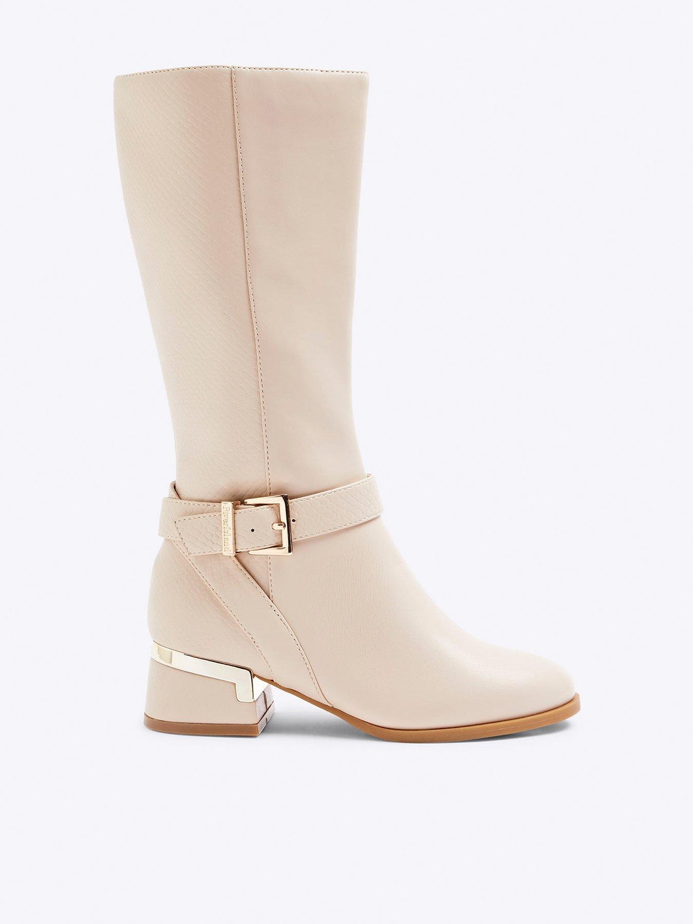 Image 1 of 5 of River Island Older Girl Heeled Knee High Boots - Cream