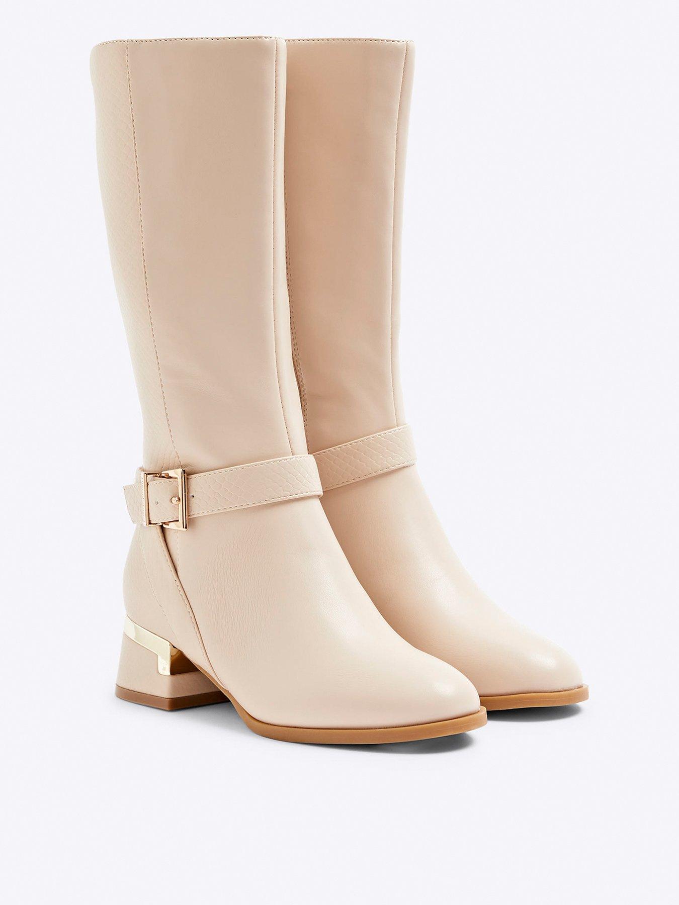 Image 2 of 5 of River Island Older Girl Heeled Knee High Boots - Cream