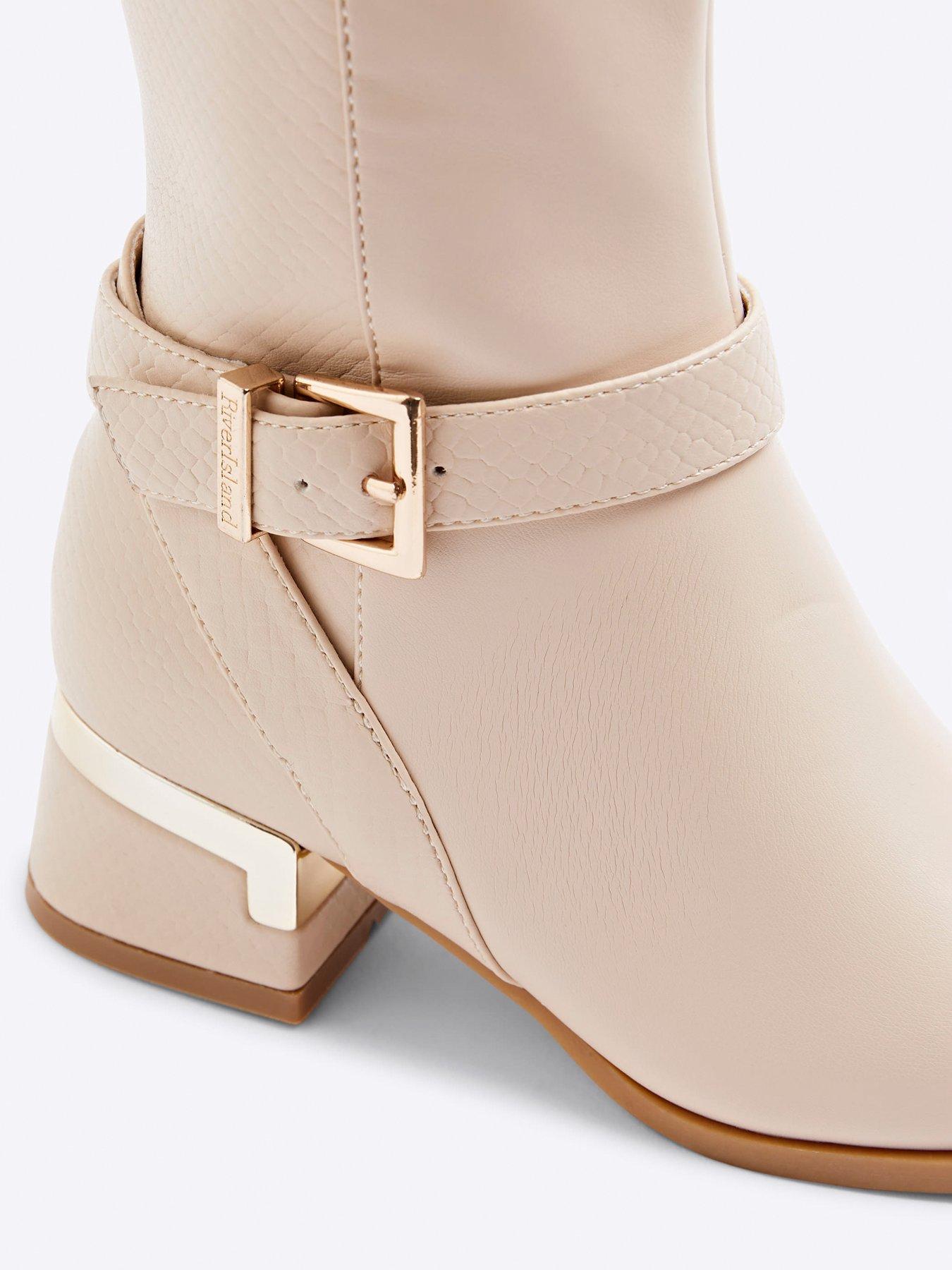 Image 4 of 5 of River Island Older Girl Heeled Knee High Boots - Cream