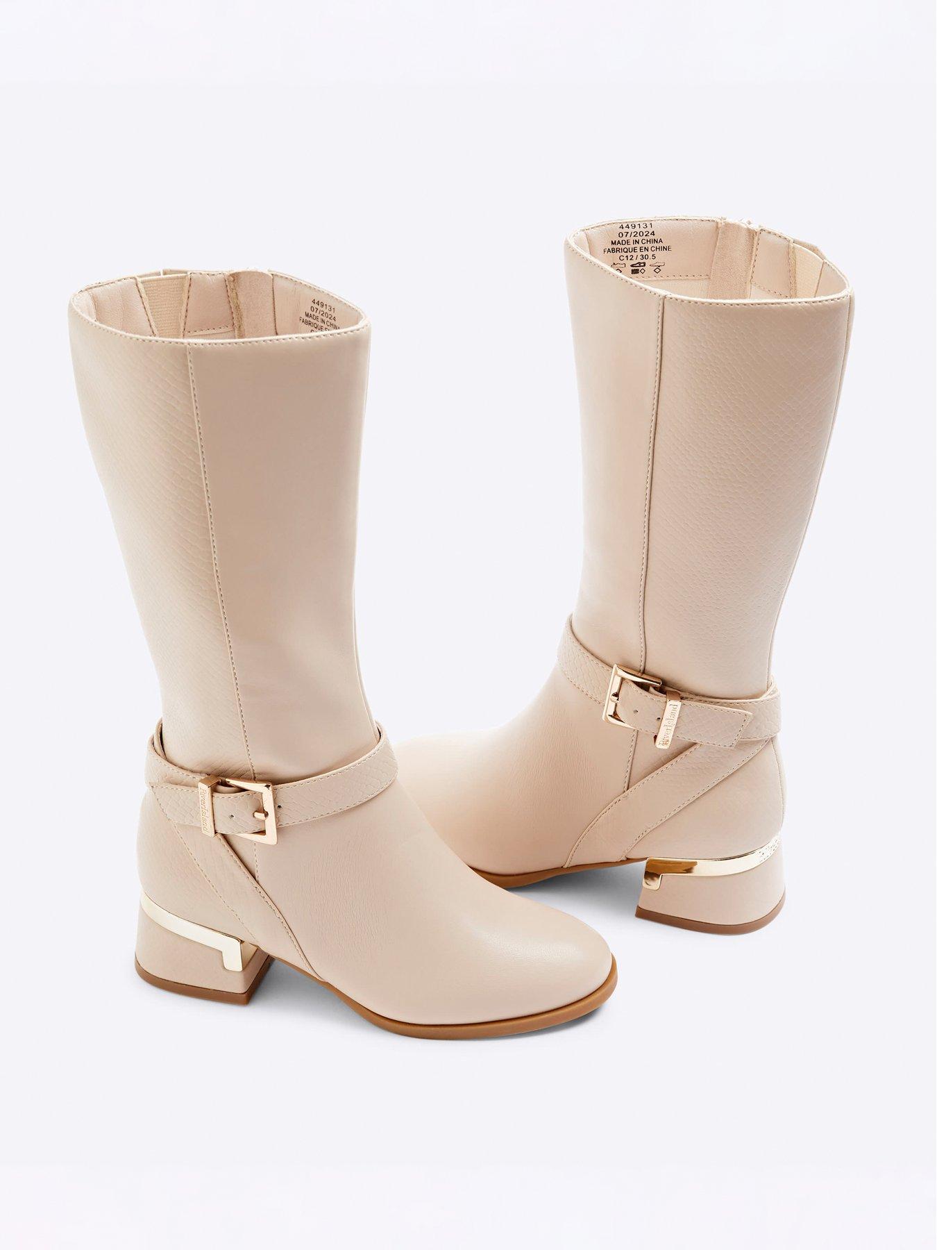Image 5 of 5 of River Island Older Girl Heeled Knee High Boots - Cream