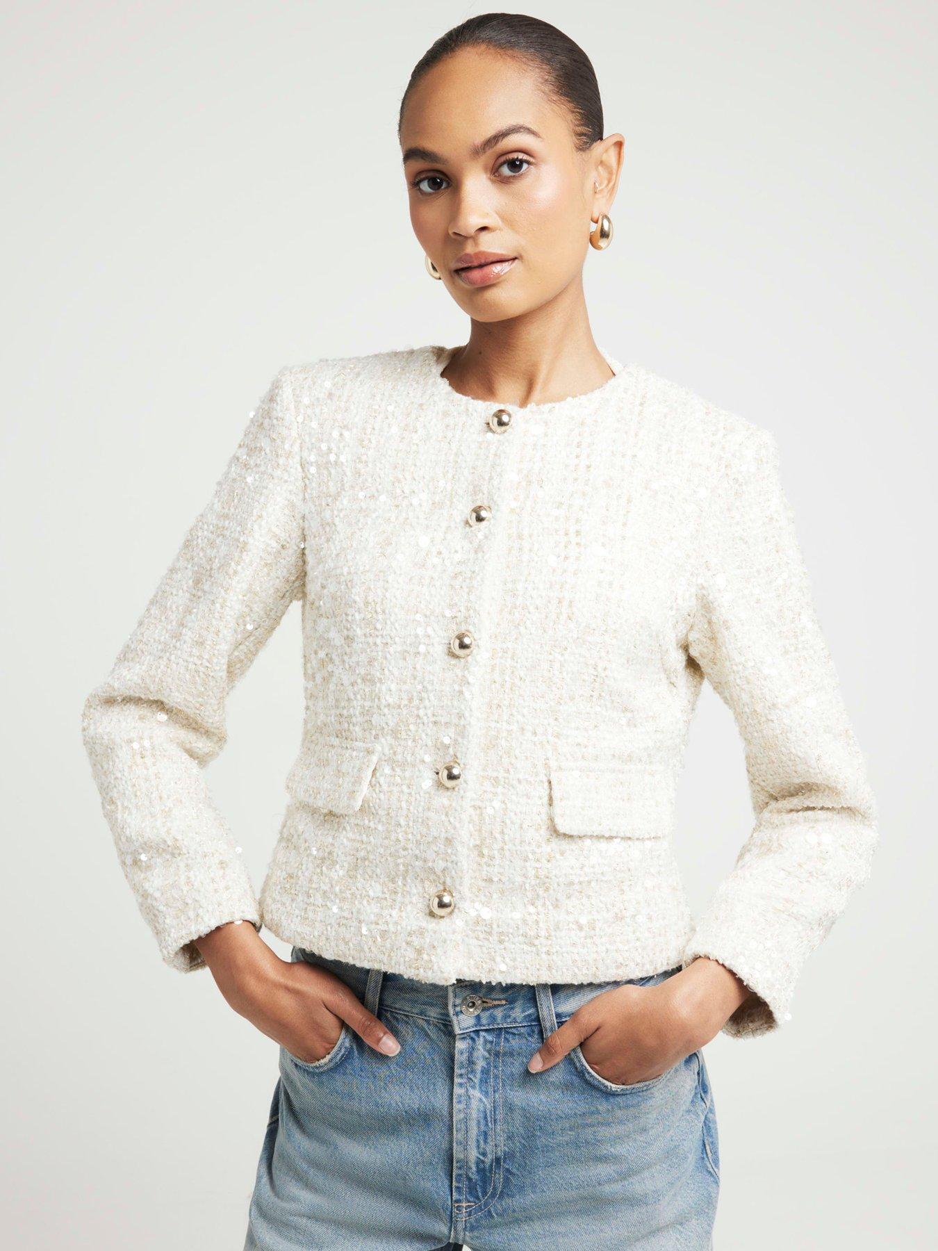 undefined Sparkly Collarless Jacket - Cream