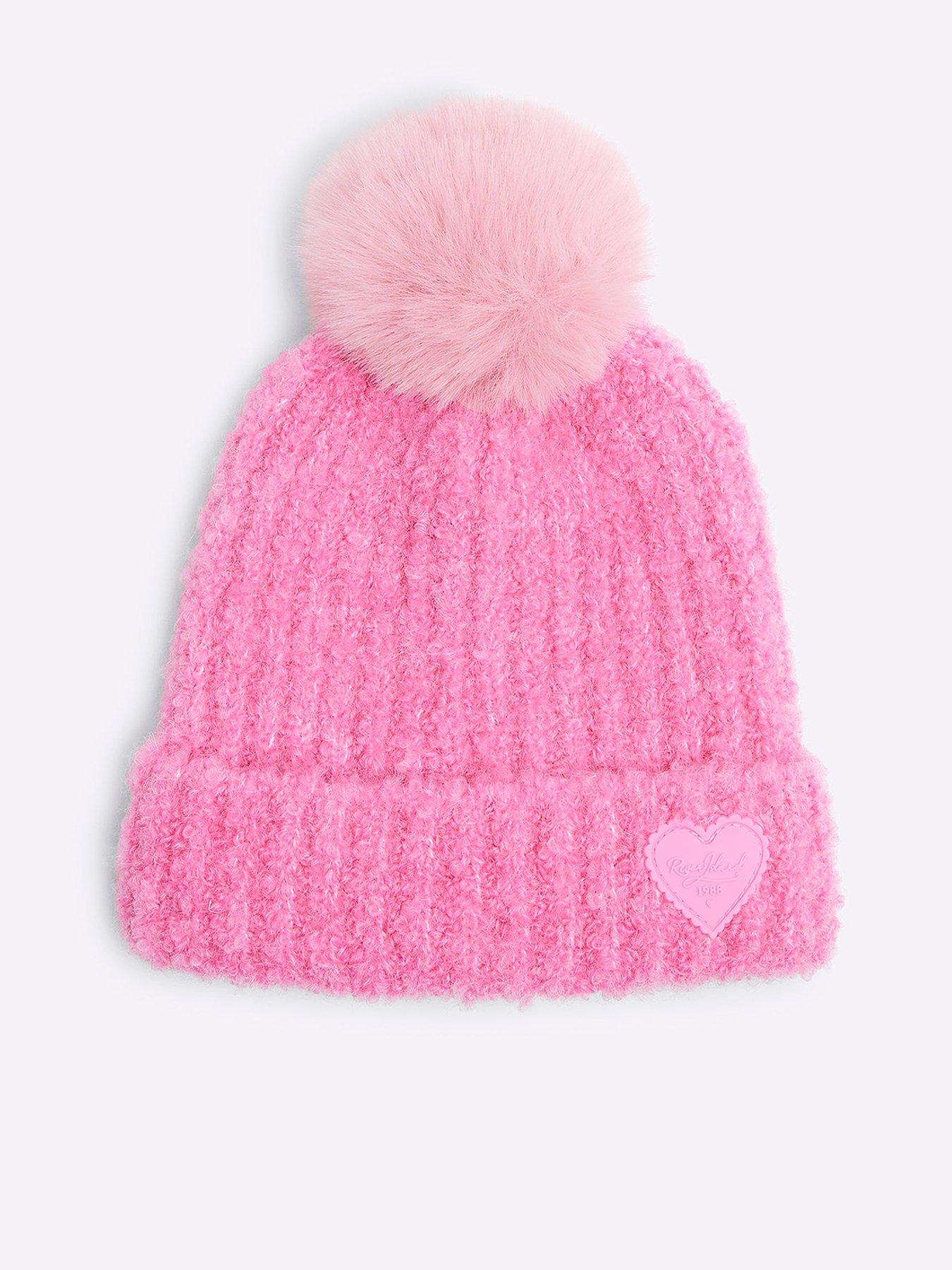 Image 1 of 3 of River Island Mini Mini Girl Boucle Pom Pom Beanie Hat - Pink