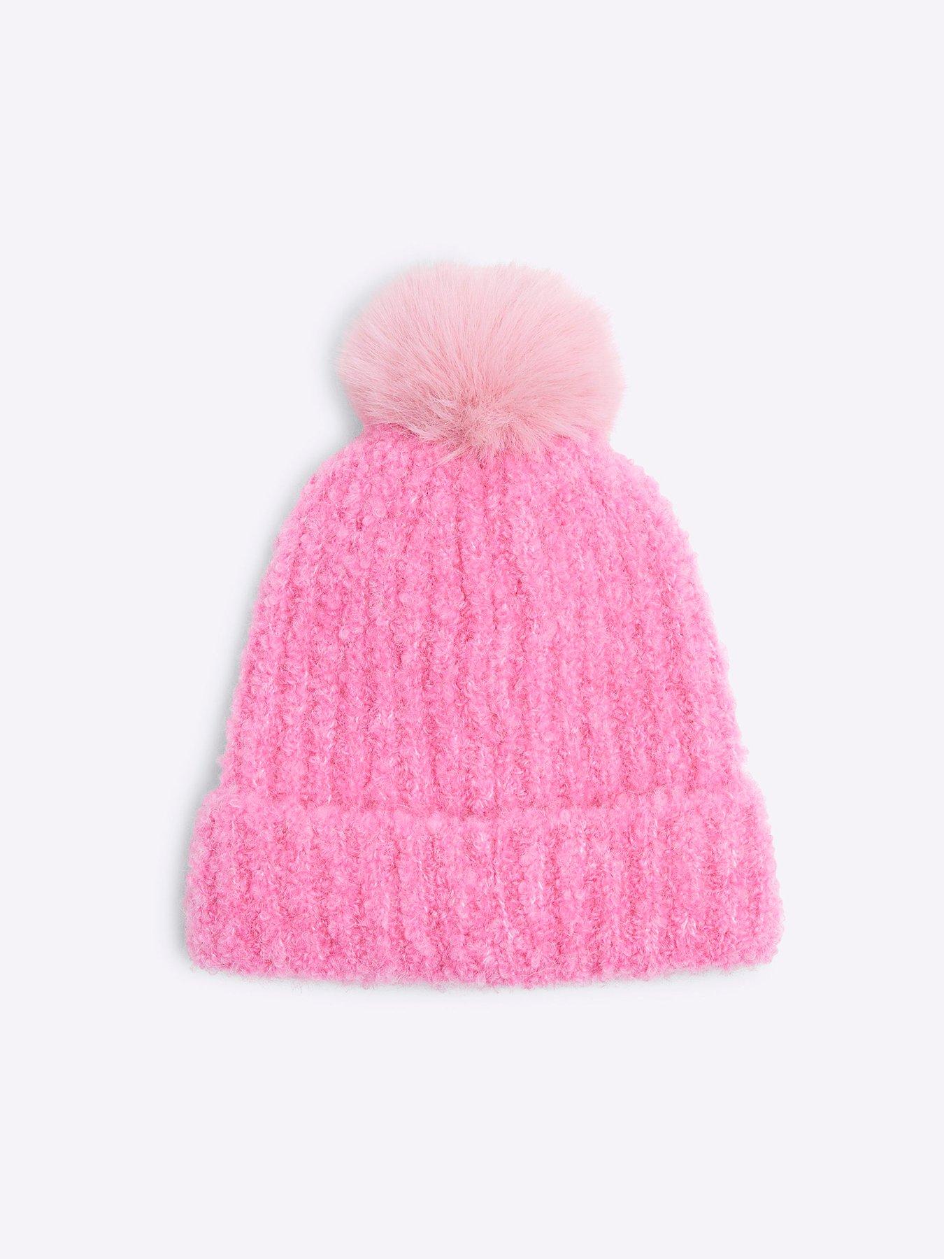 Image 2 of 3 of River Island Mini Mini Girl Boucle Pom Pom Beanie Hat - Pink