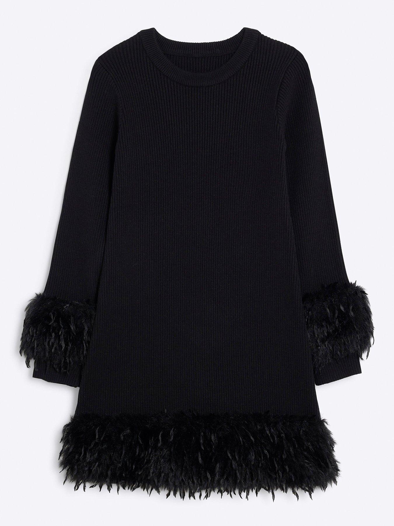 river-island-older-girl-ribbed-knit-feather-trim-dress-black