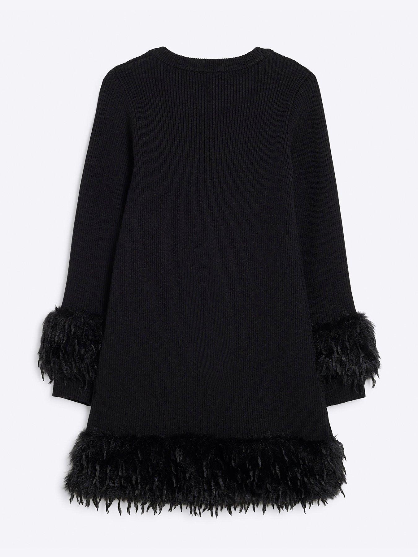 river-island-older-girl-ribbed-knit-feather-trim-dress-blackback