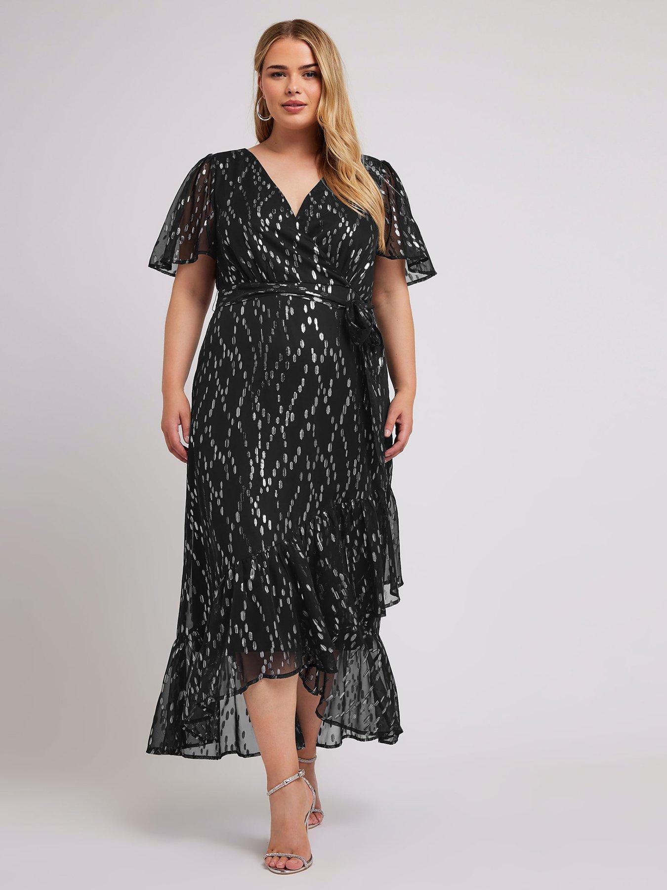 yours-curve-metallic-dobby-ruffle-wrap-dress-black