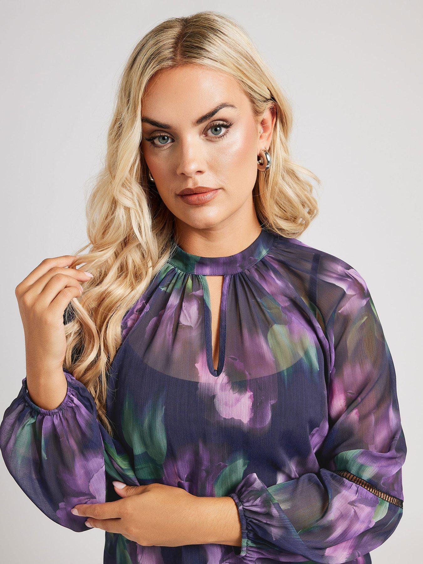 Image 4 of 4 of Yours Curve Keyhole Crochet Trim Blouse - Blue