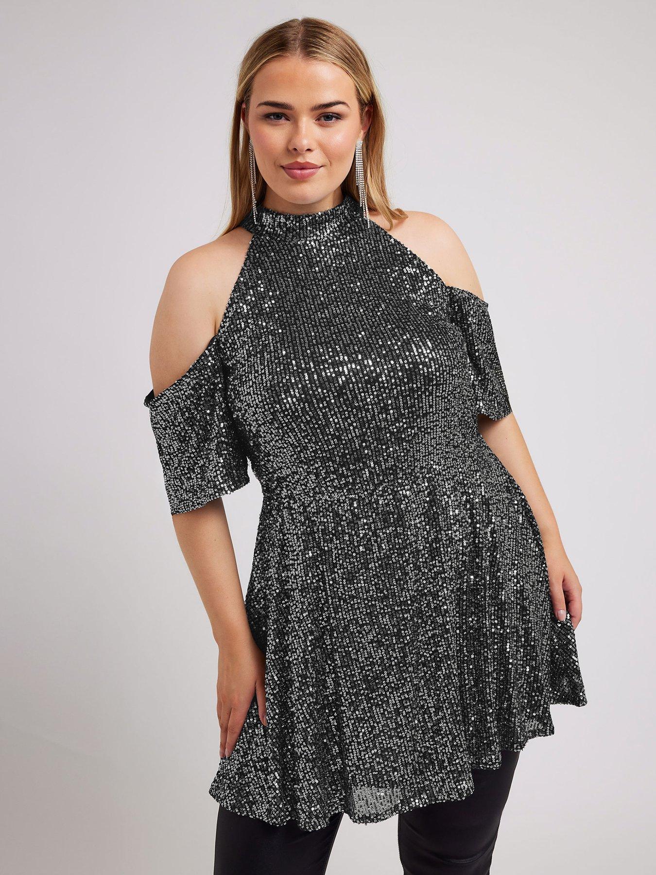 yours-curve-sequin-choker-cold-shoulder-peplum-top