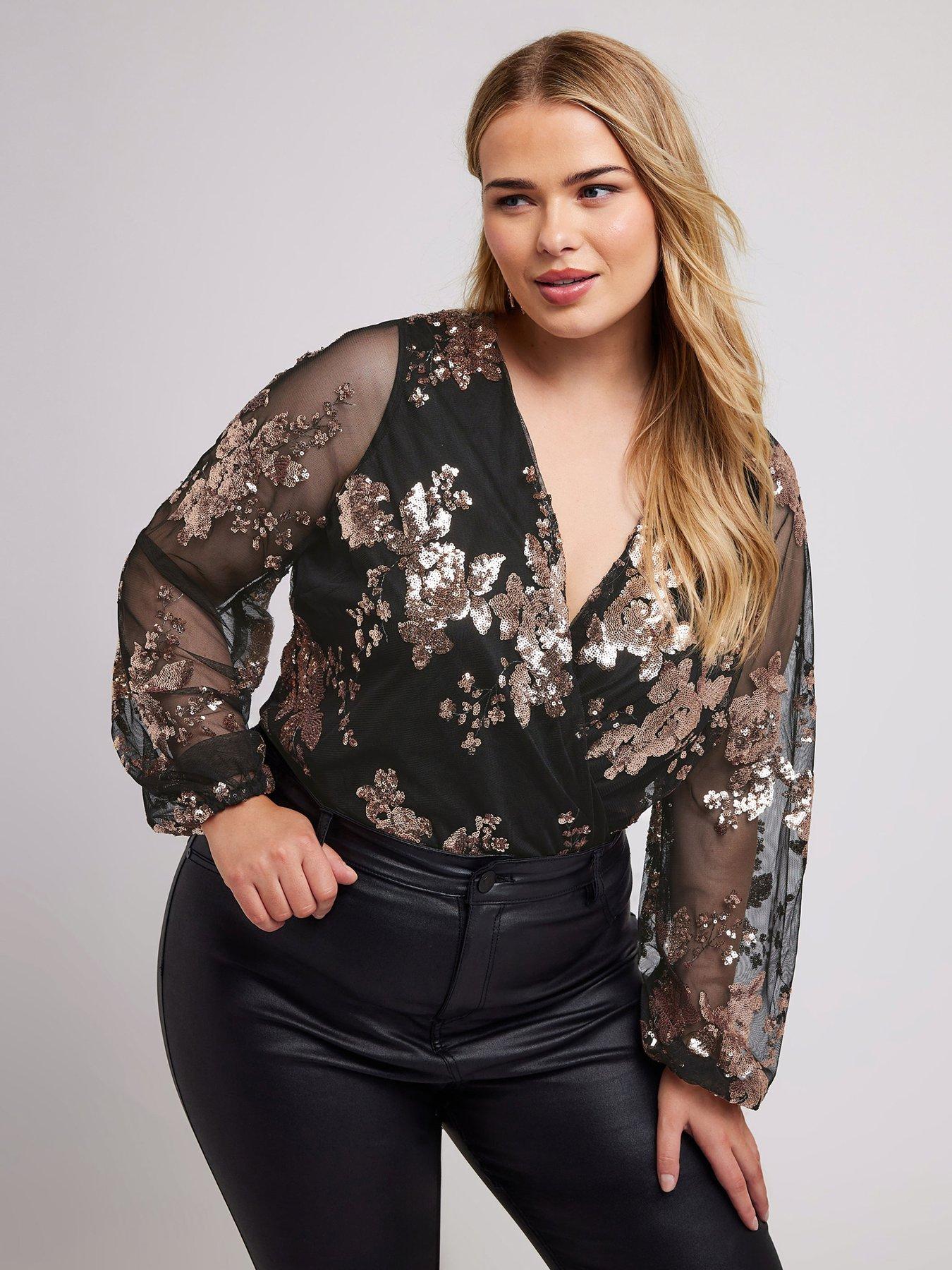 yours-curve-sequin-floral-wrap-bodysuit