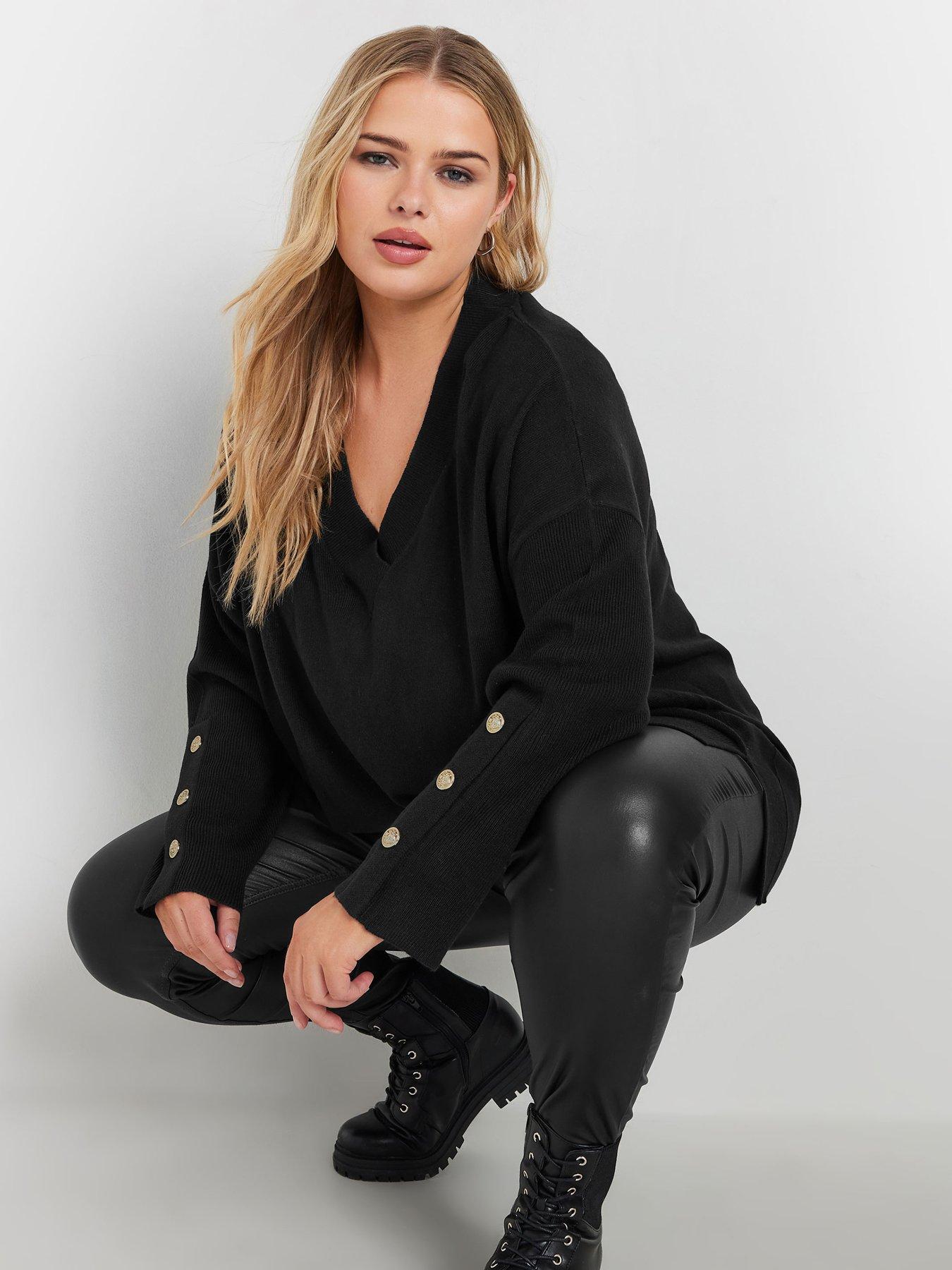 Yours Curve Button Sleeve Ribbed Jumper - Black