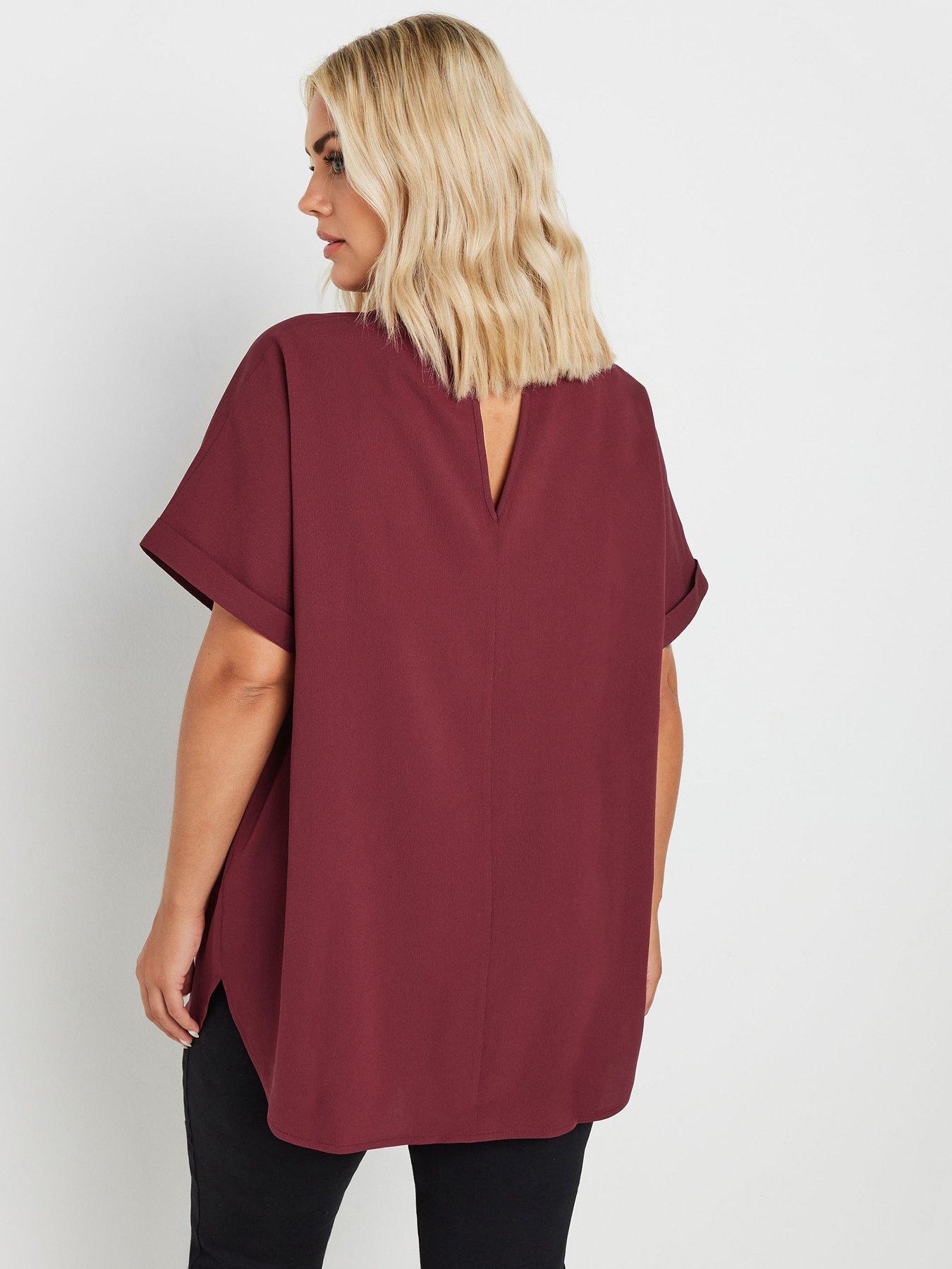 yours-curve-short-sleeve-trim-neck-top-redstillFront