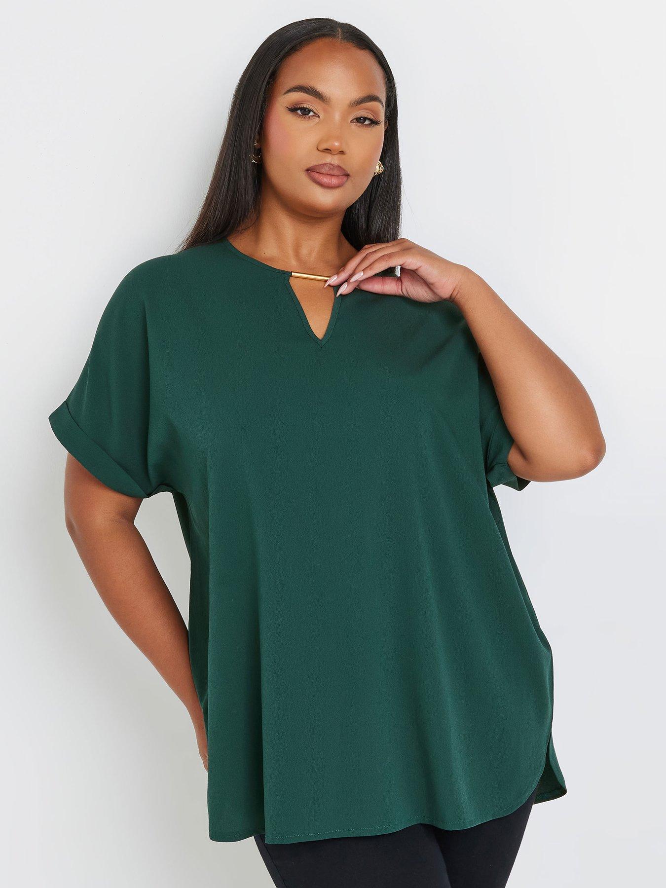 yours-curve-short-sleeve-trim-neck-top-green